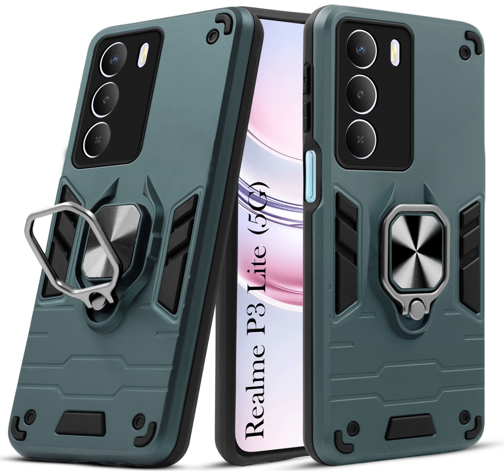 For Realme P3 Lite Hybrid Armor Back Cover Case (Shockproof Dual Layer Polycarbonate |Ring Holder Kickstand)