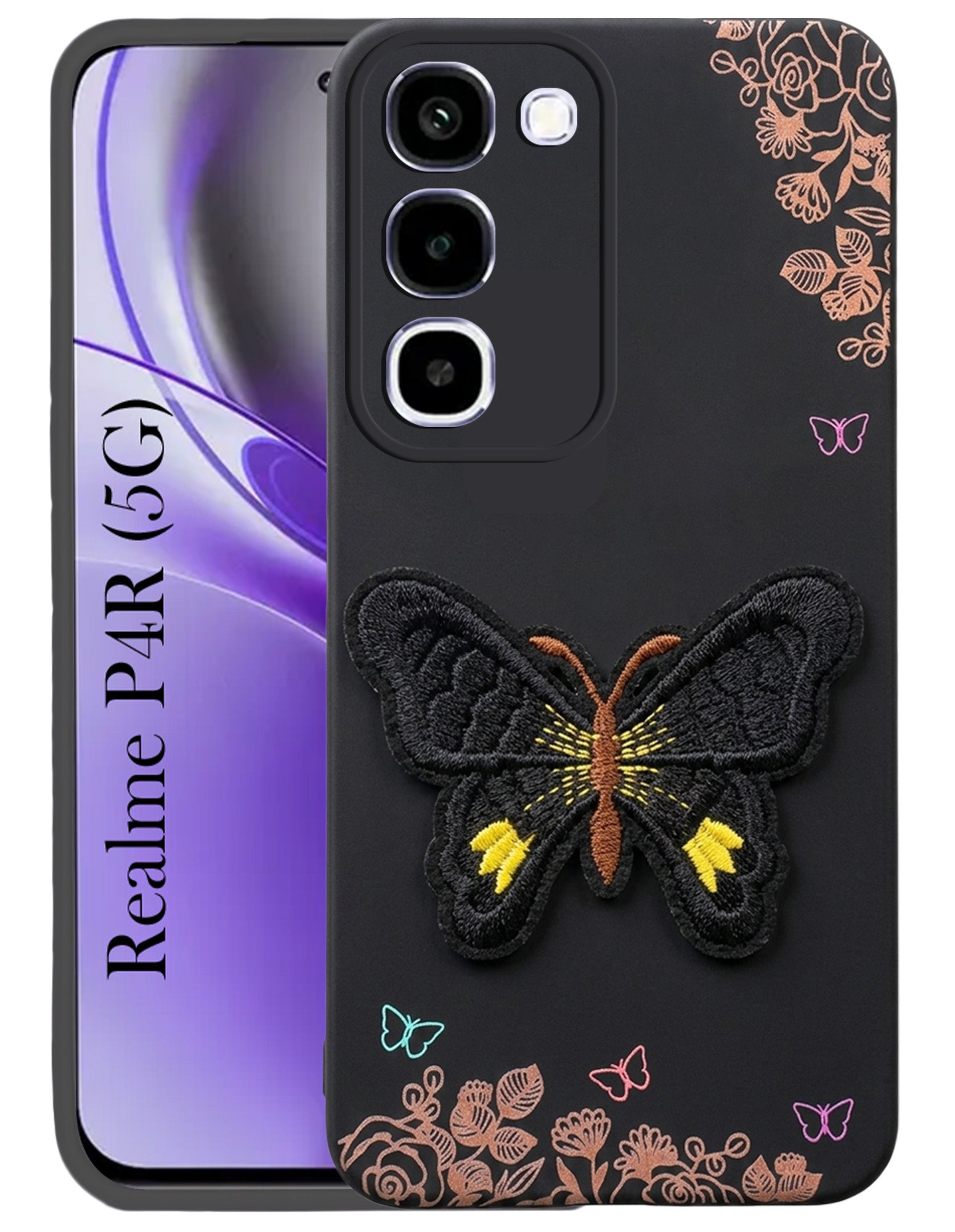 For Realme P4R 5G Back Cover Case (Soft Butterfly Embroidery | Women Teen Girls | Camera Protection| Matte Silicone)