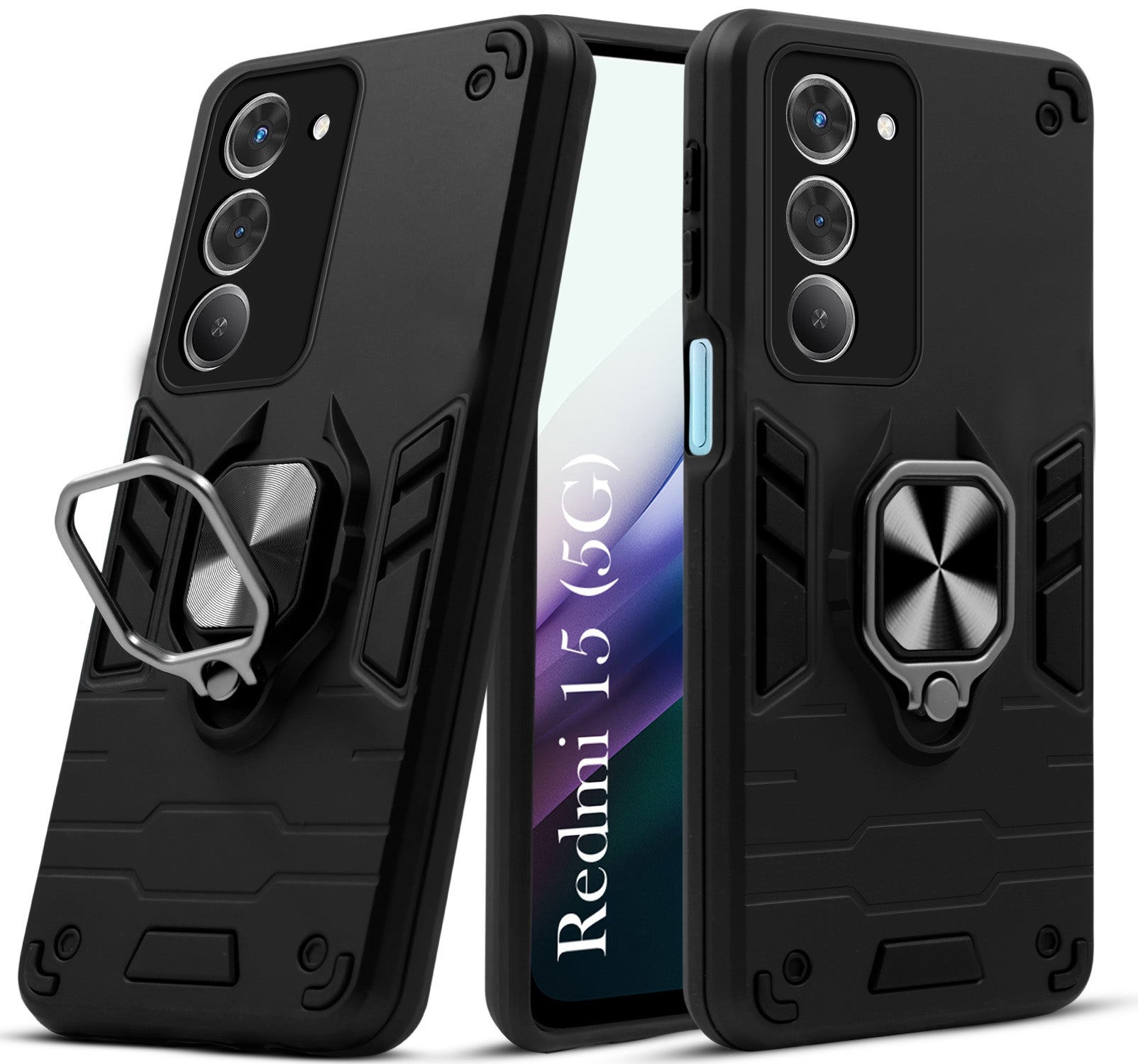 For Redmi 15 Back Cover Case (Shockproof Dual Layer Polycarbonate |Ring Holder Kickstand)