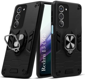 For Redmi 15 Back Cover Case (Shockproof Dual Layer Polycarbonate |Ring Holder Kickstand)