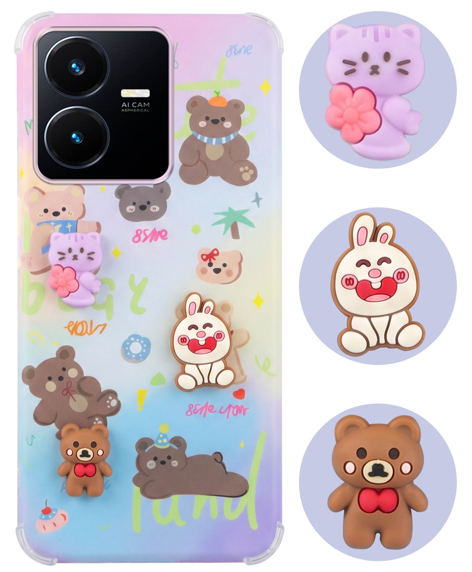 For Vivo Y22 | Vivo Y22s Back Cover Case (3D Cute Cartoons | Hard Back Side Soft | Matte Premium Finish | HD Printing)