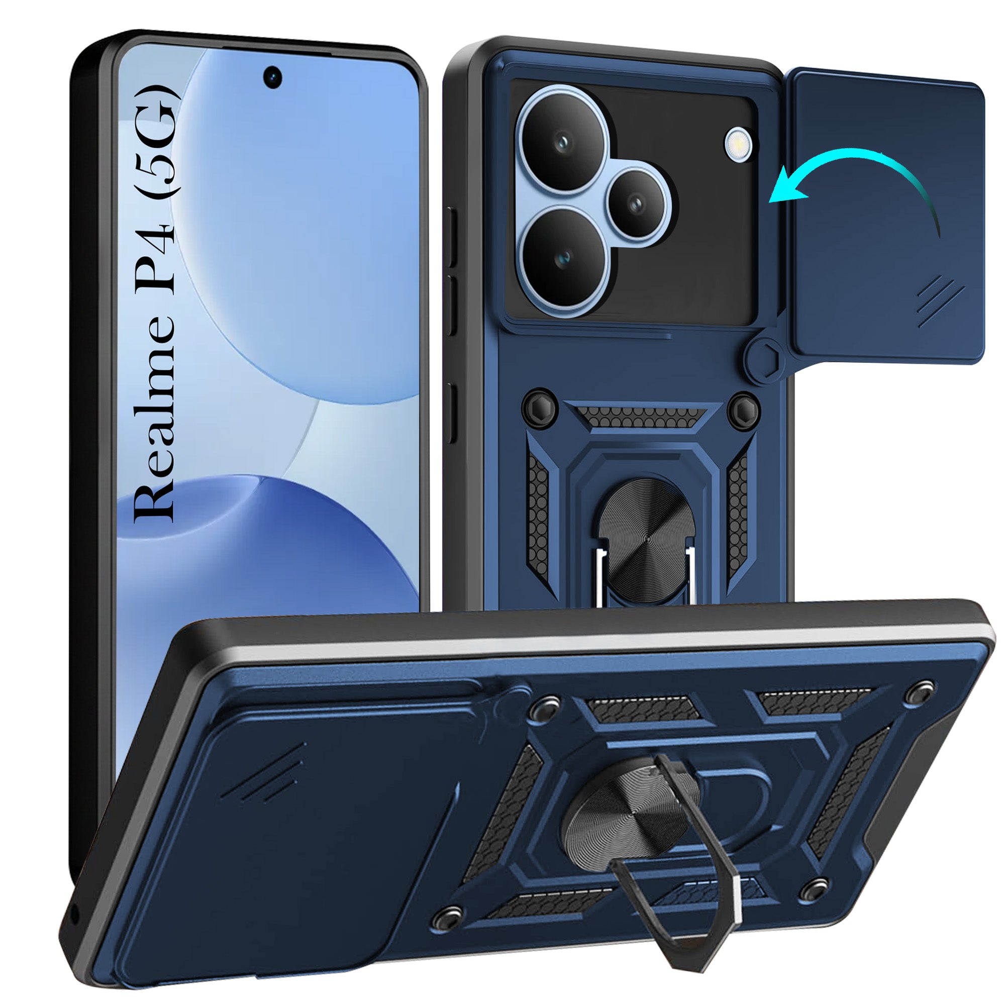 For Realme P4 Back Cover Case Hybrid Armor (Sliding Shutter Camera Protection | Polycarbonate |Ring Holder Kickstand)
