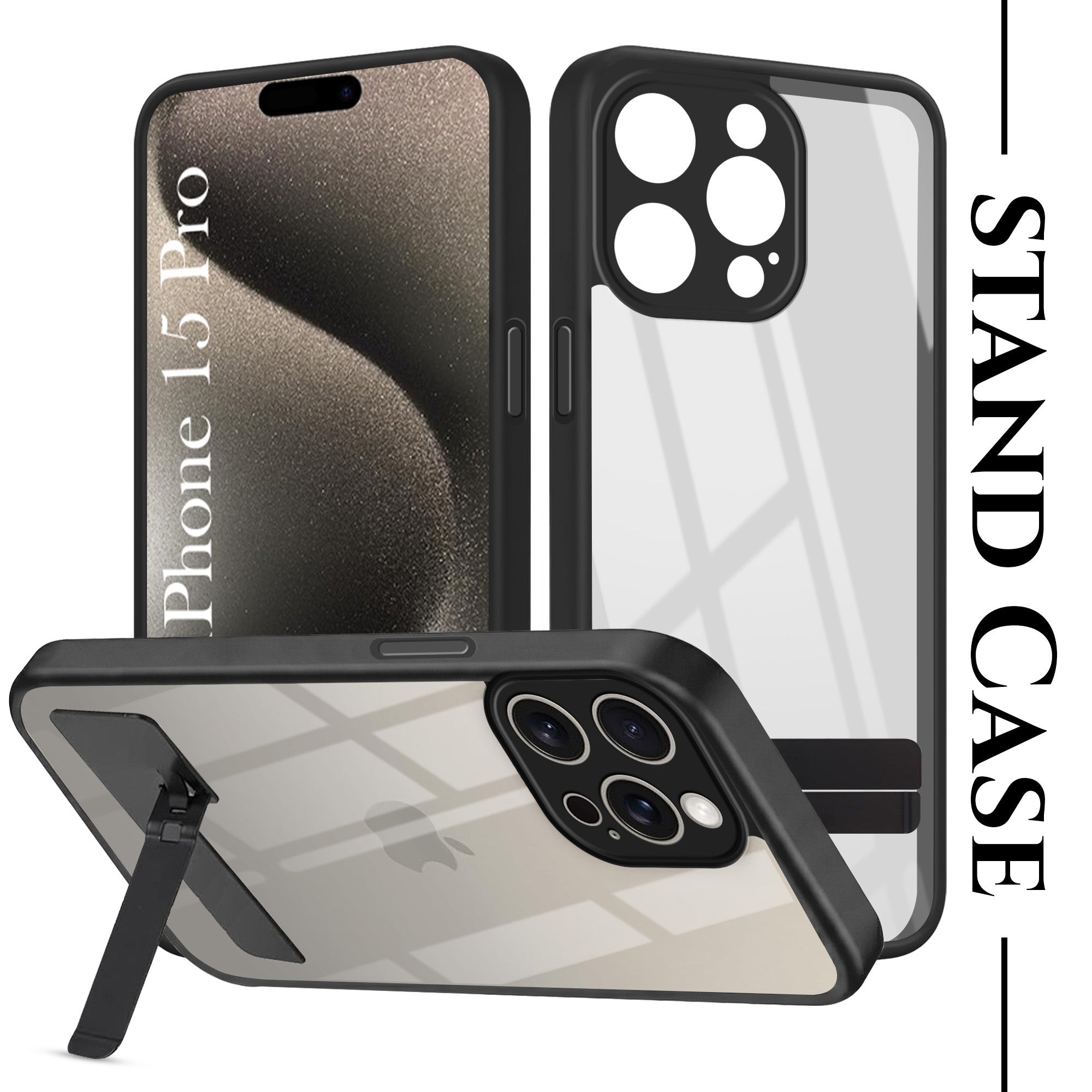 For Apple iPhone 15 Pro Back Cover Case (Built-in Stand | Lifetime Anti Yellow | Kickstand Shockproof | Camera Protection | MagSafe Compatible)