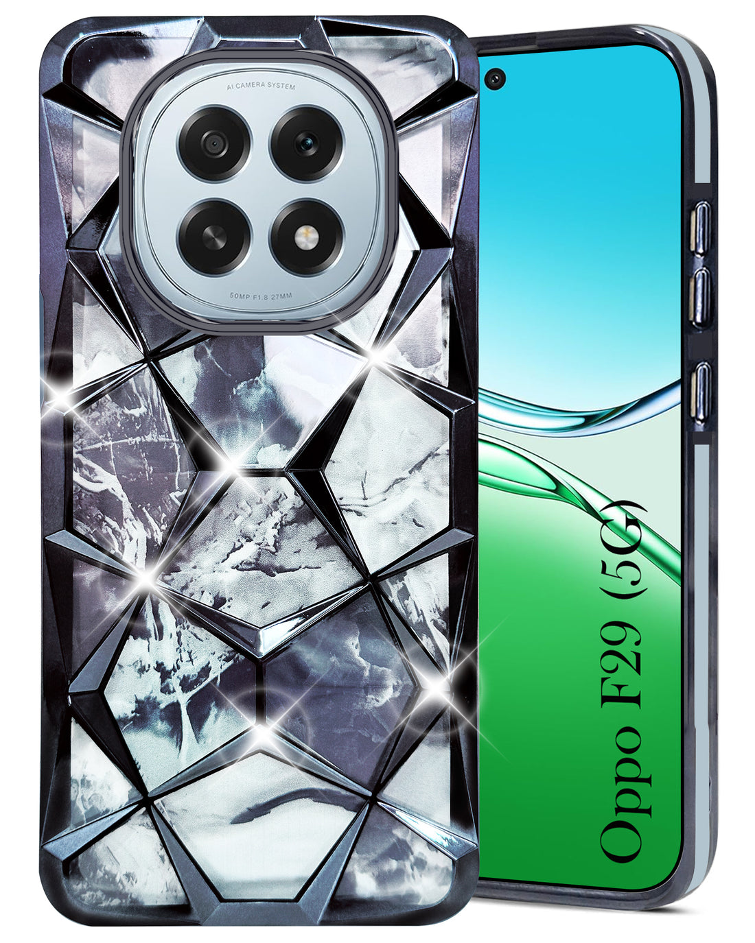 For Oppo F29 Back Cover Case ( Dual Design Glitter Sparkle and Detachable Diamond Print Case | Soft and Flexible)