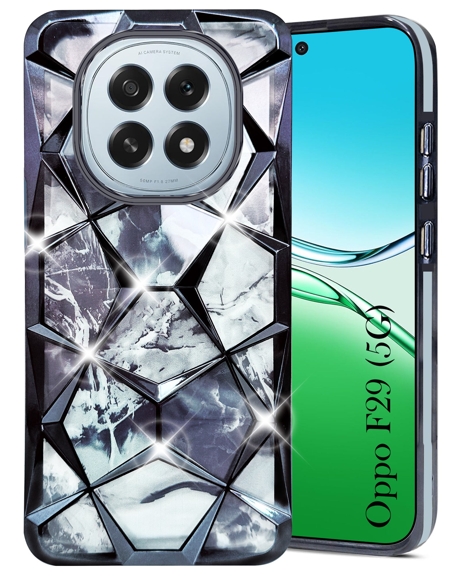 For Oppo F29 Back Cover Case ( Dual Design Glitter Sparkle and Detachable Diamond Print Case | Soft and Flexible)