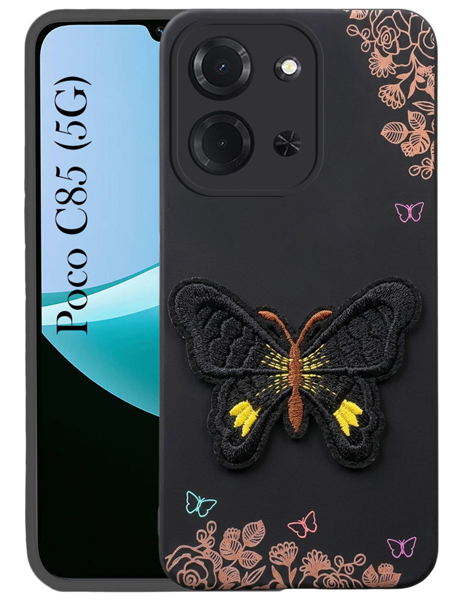 For Poco C85 5G Back Cover Case (Soft ButterFly Embroidery | Women Teen Girls | Camera Protection| Matte Silicone)