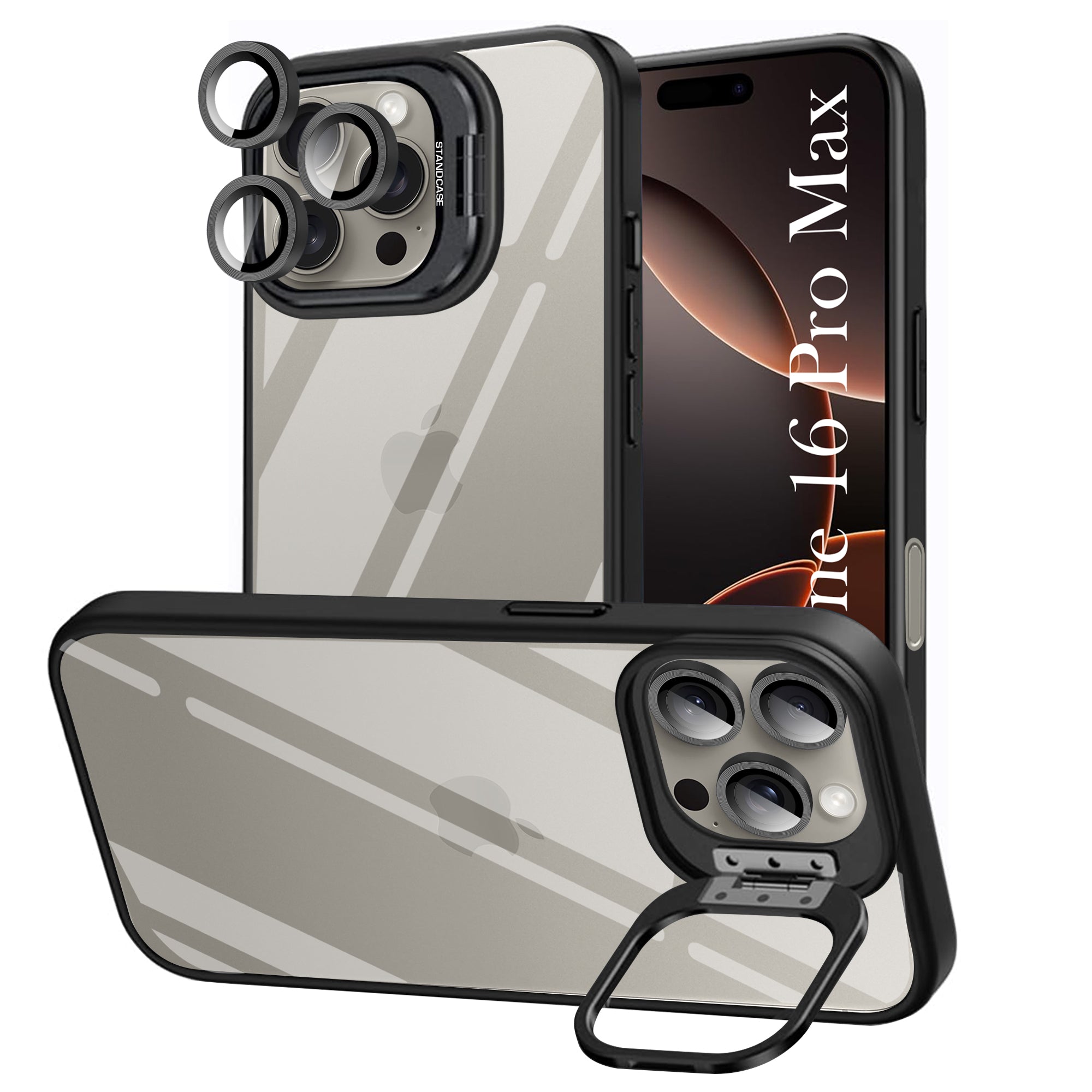 For Apple iPhone 16 Pro Max Back Cover Case (Camera Lens Glass | Metal Stand Holder | Shockproof Hybrid | Anti Yellow)