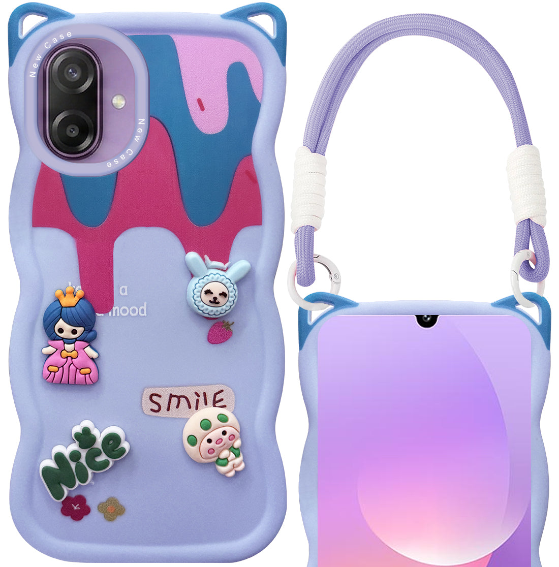 For Samsung Galaxy M17e Back Cover Case Strap (3D Embossed Figures | Strap Holder | 360* Soft Cushion with Camera Bump)