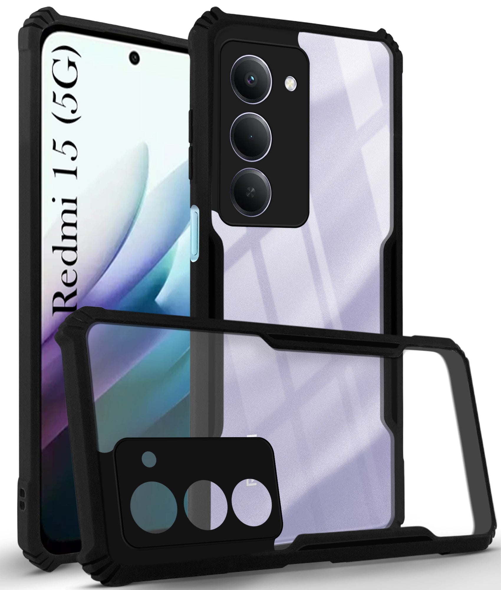 For Redmi 15 Back Cover Case Hybrid (Shockproof with Polycarbonate Clear Panel | Professional Black)