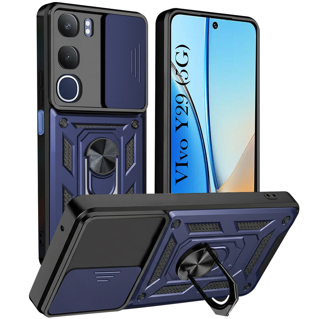 For Vivo Y29 Back Cover Case Hybrid Armor (Sliding Shutter Camera Protection | Polycarbonate |Ring Holder Kickstand)