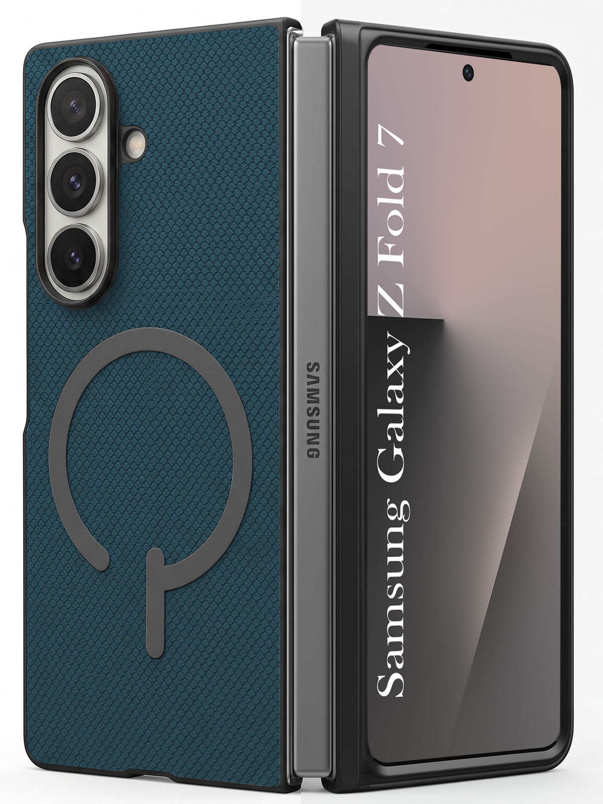 For Samsung Galaxy Z Fold 7 Premium Magnetic Back Cover Case (MagSafe Compatible | 180° Folding Design | Soft Microfiber Inner Lining | Textured Blue Finish)