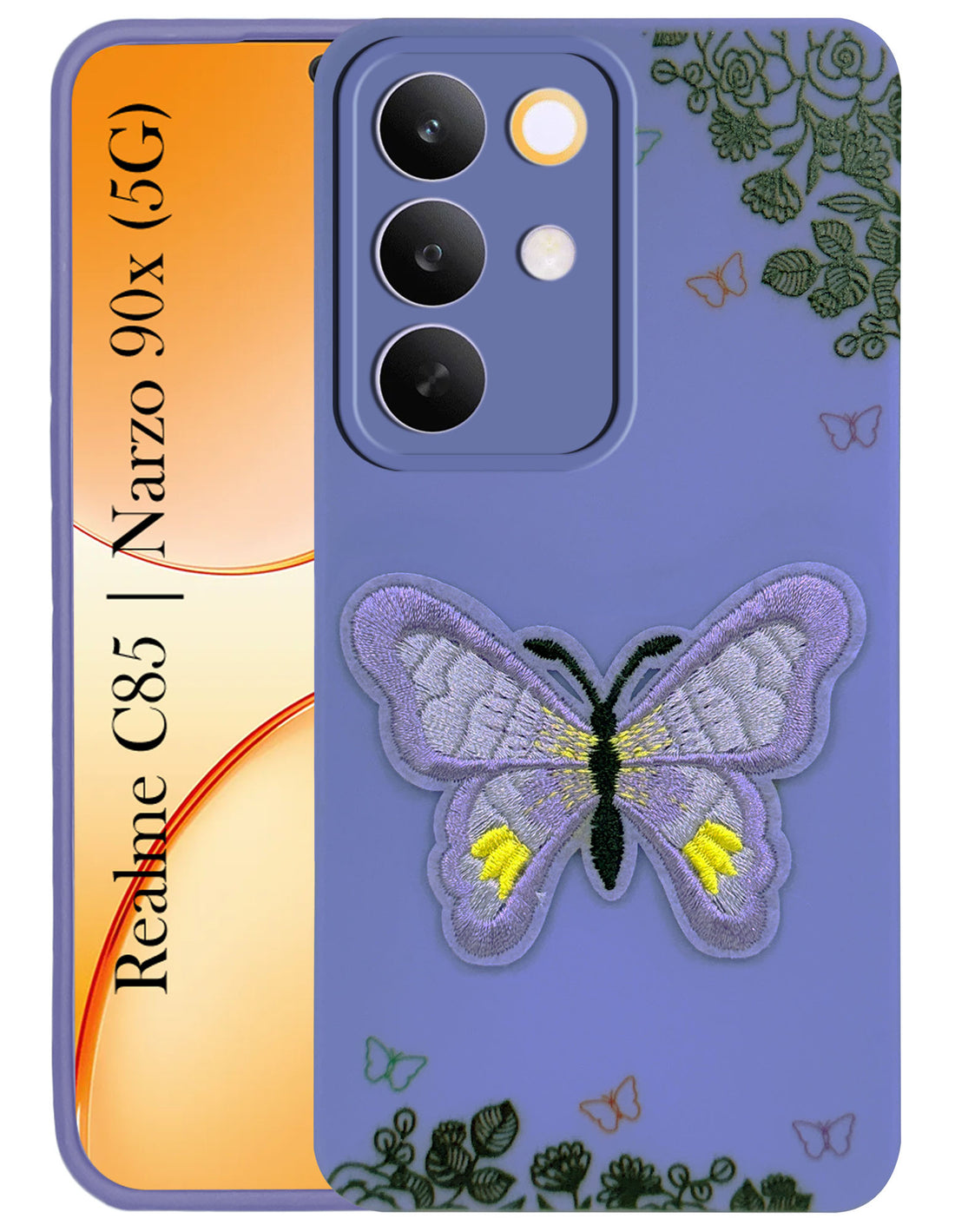 For Realme C85 5G | Realme Narzo 90x Back Cover Case (Soft Butterfly Embroidery | Women Teen Girls | Camera Protection| Matte Silicone)