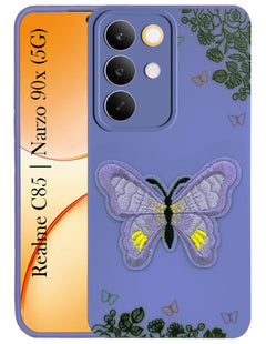 For Realme C85 5G | Realme Narzo 90x Back Cover Case (Soft Butterfly Embroidery | Women Teen Girls | Camera Protection| Matte Silicone)