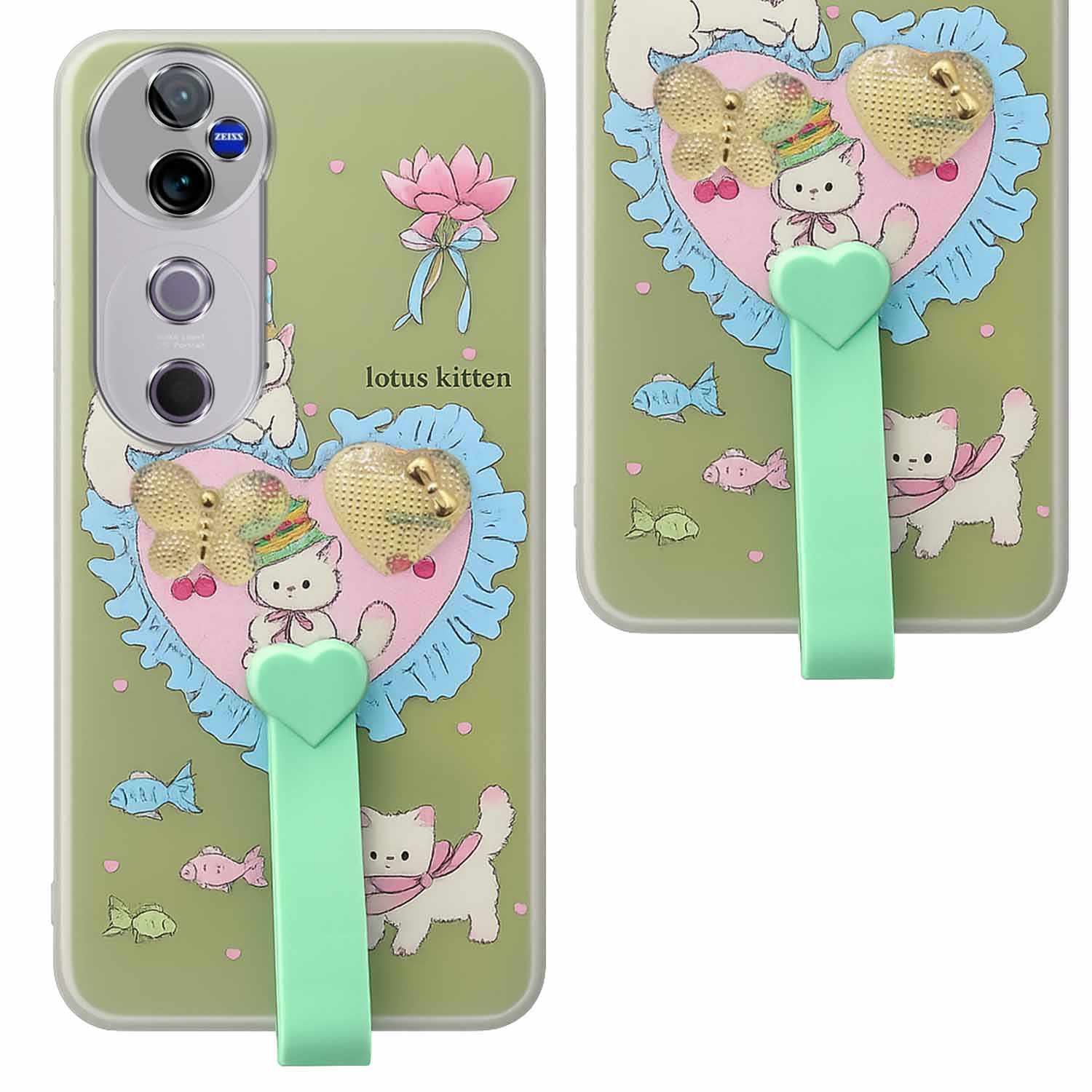 For Vivo V40 | Vivo V40 Pro 5G Back Cover Case (3D Cute Heart Strap Holder | Camera Protection | Designer Girls Print)