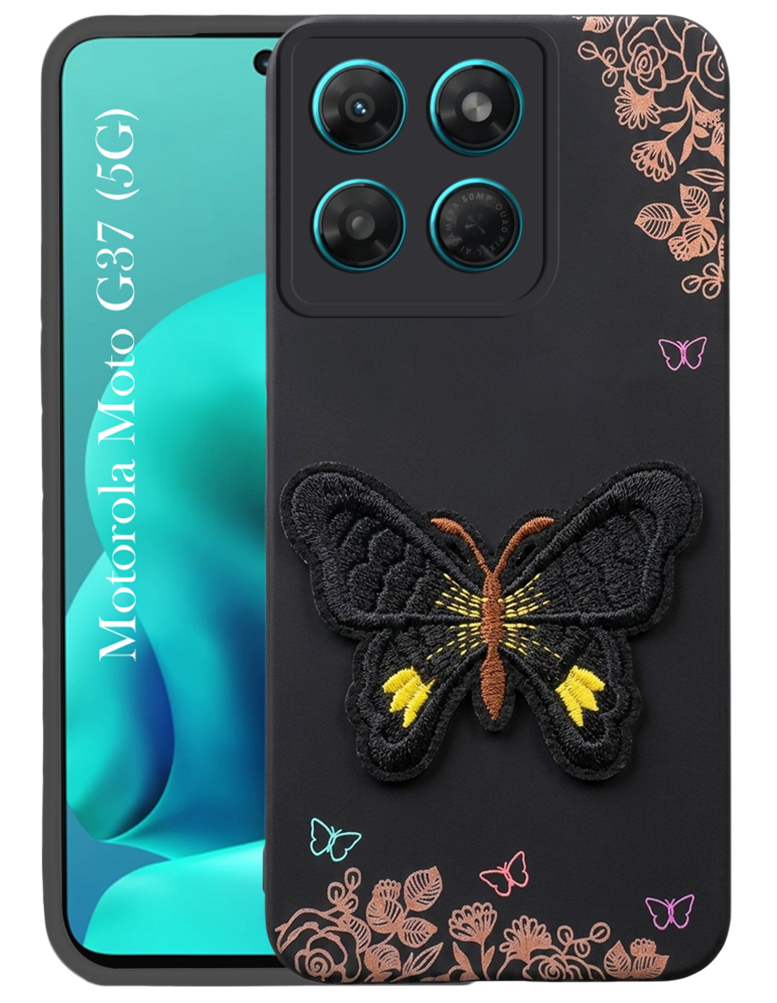 For Motorola Moto G37 Back Cover Case (Soft Butterfly Embroidery | Women Teen Girls | Camera Protection| Matte Silicone)