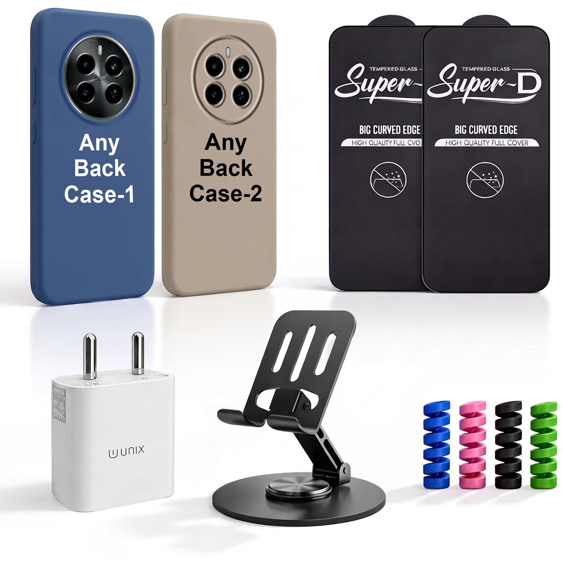 Complete Mobile Care Kit (Get Any 2 Cases+2 Tempered Glass+25W Charger Adapter+Metallic Mobile Stand+Cable Protector)