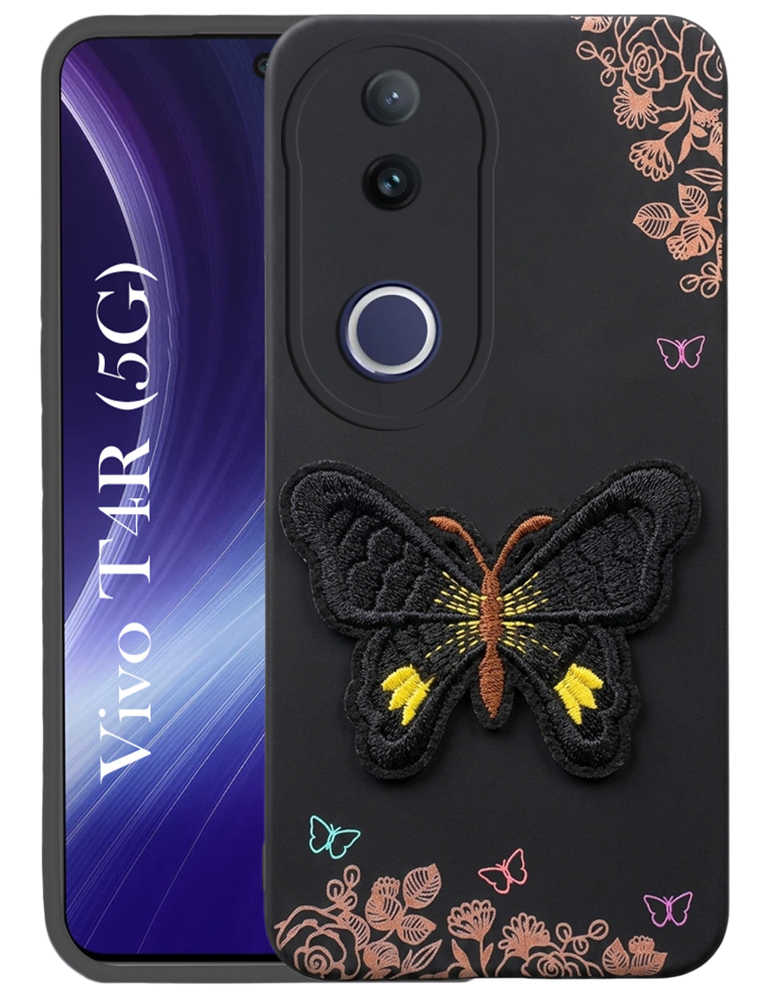 For Vivo T4R Back Cover Case (Soft Butterfly Embroidery | Women Teen Girls | Camera Protection| Matte Silicone)
