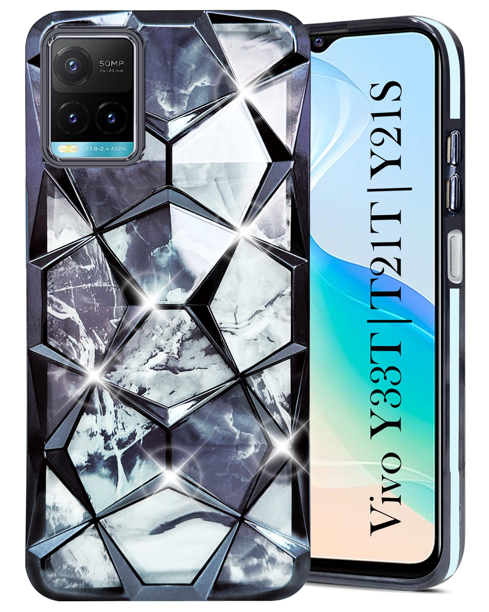For Vivo Y33T | Vivo Y21T | Vivo Y21s Back Cover Case (Dual Design Glitter Sparkle and Detachable Diamond Print Case | Soft and Flexible)