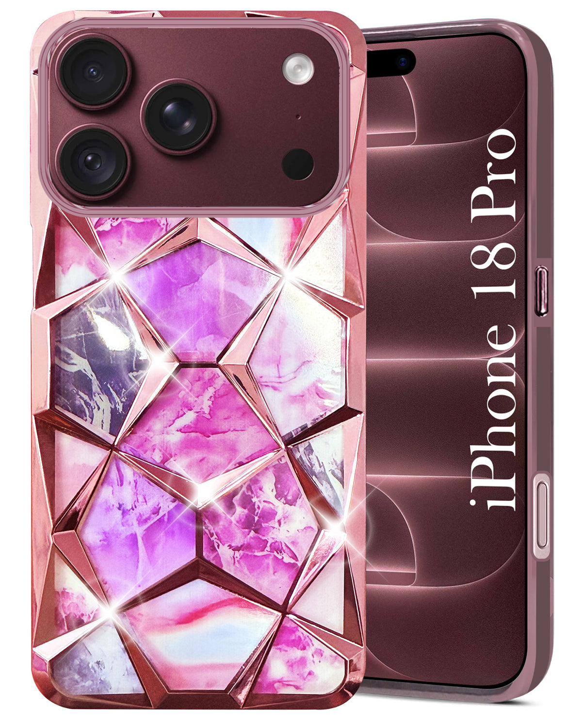 For Apple iPhone 18 Pro Back Cover Case Compatible 3D Silicone (Dual Design Glitter Sparkle and Detachable Diamond Print Case | Soft and Flexible)