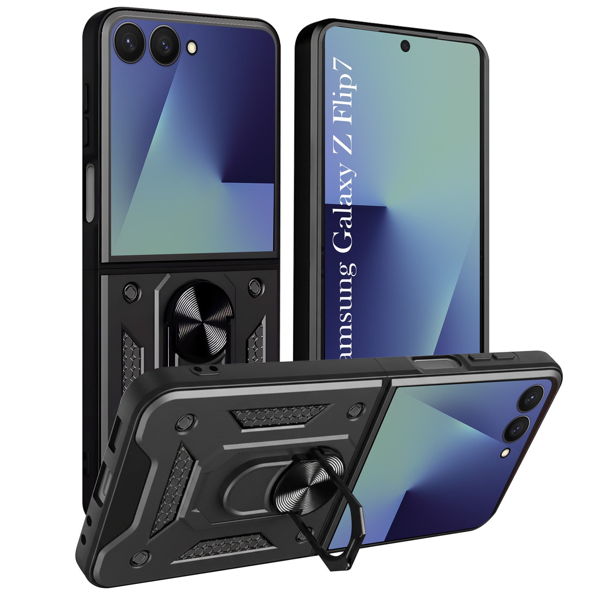 For Samsung Galaxy Z Flip 7 Hybrid Armor (Sliding Shutter Camera Protection | Polycarbonate |Ring Holder Kickstand)