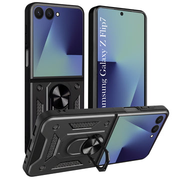 For Samsung Galaxy Z Flip 7 Hybrid Armor (Sliding Shutter Camera Protection | Polycarbonate |Ring Holder Kickstand)