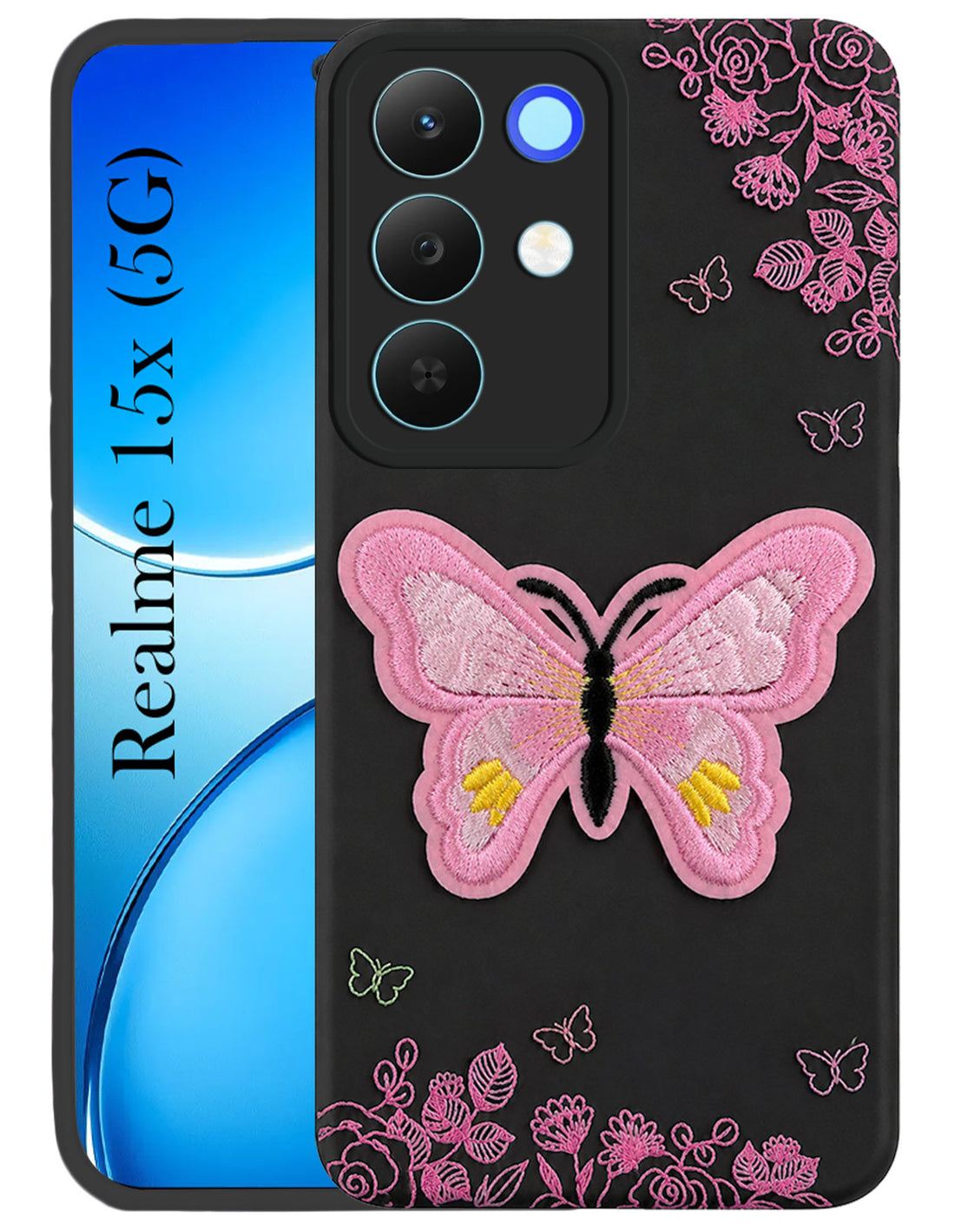 For Realme 15X Back Cover Case (Soft Butterfly Embroidery | Women Teen Girls | Camera Protection| Matte Silicone)