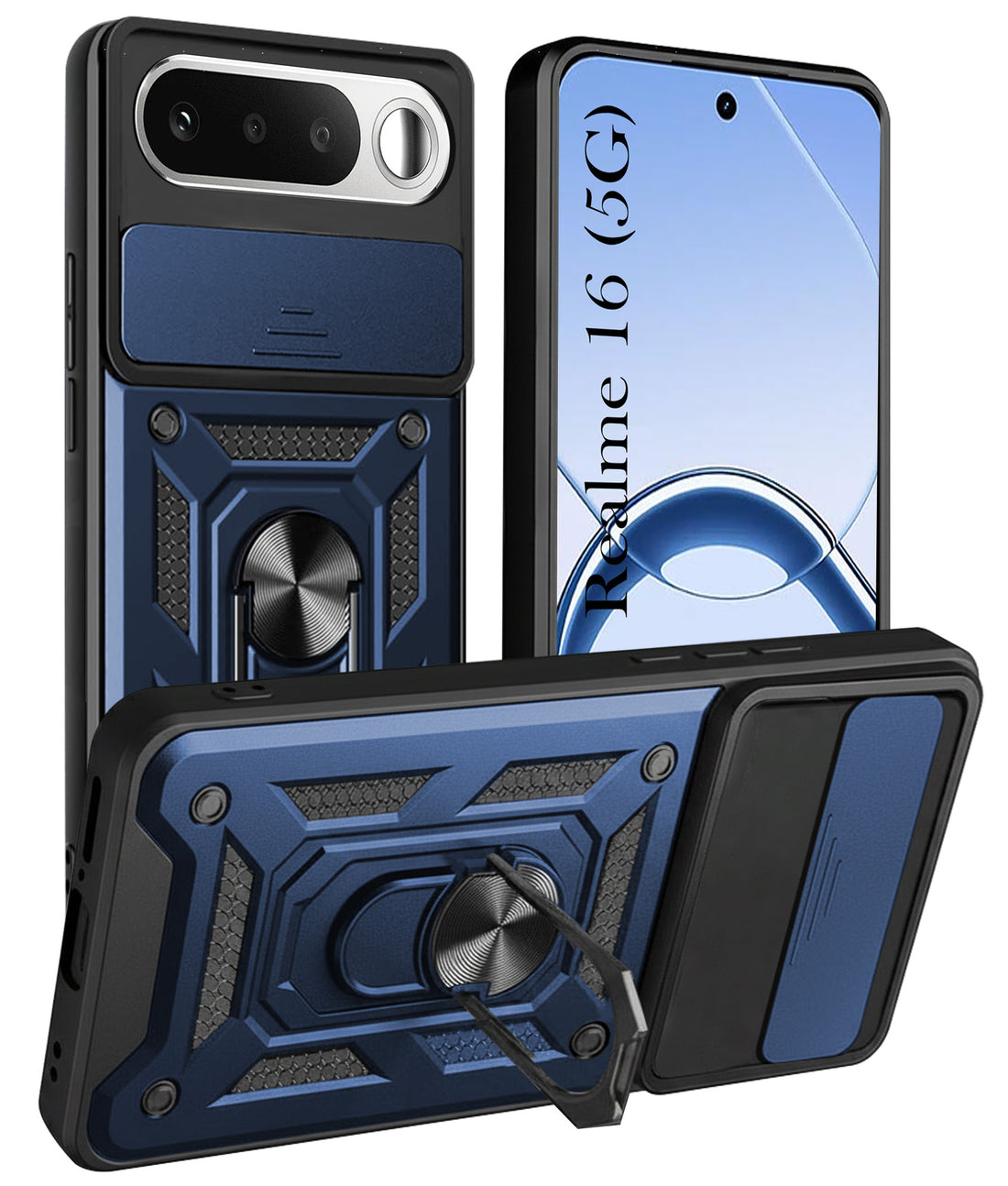 For Realme 16 Back Cover Case Hybrid Armor (Sliding Shutter Camera Protection | Polycarbonate |Ring Holder Kickstand)