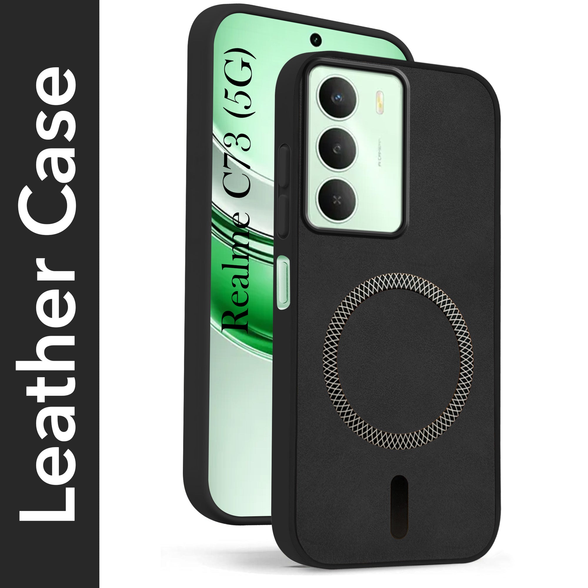 For Realme C73 Back Cover Case Leather Finish (MagSafe Compatible Wireless Charging | Soft Touch | Camera Bump Protection)