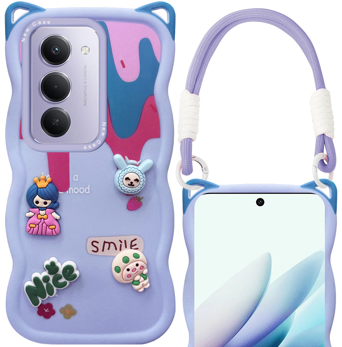 For Redmi 15 Back Case Cover Strap (3D Embossed Figures | Strap Holder | 360* Soft Cushion with Camera Bump)