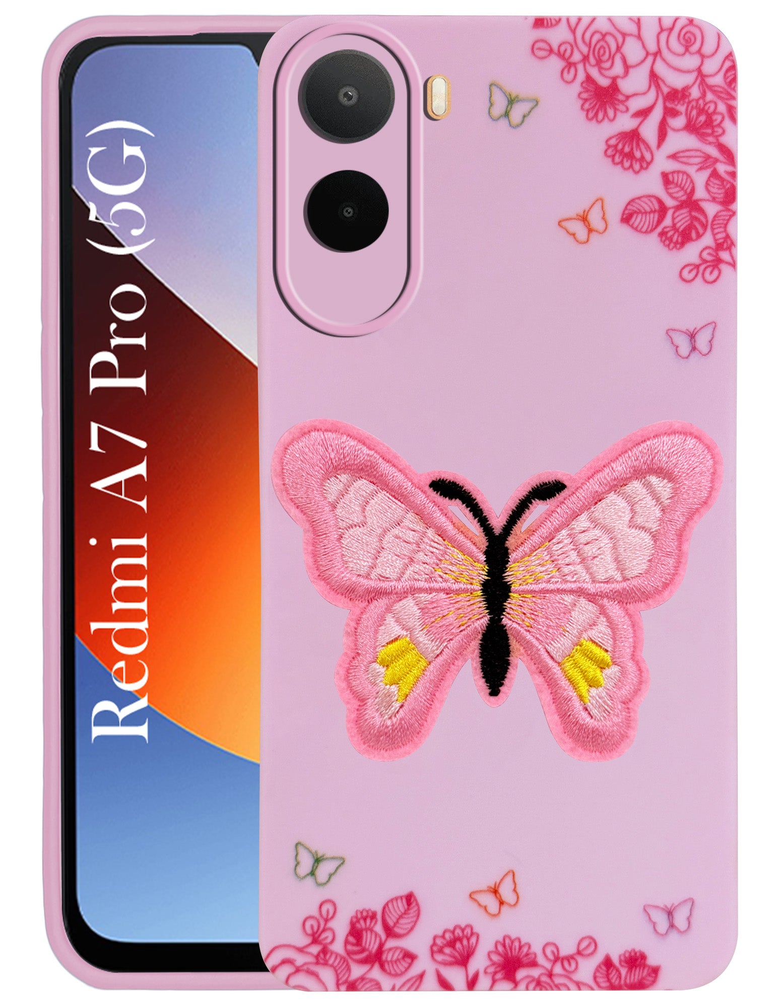For Redmi A7 Pro 5G Back Cover Case (Soft Butterfly Embroidery | Women Teen Girls | Camera Protection| Matte Silicone)