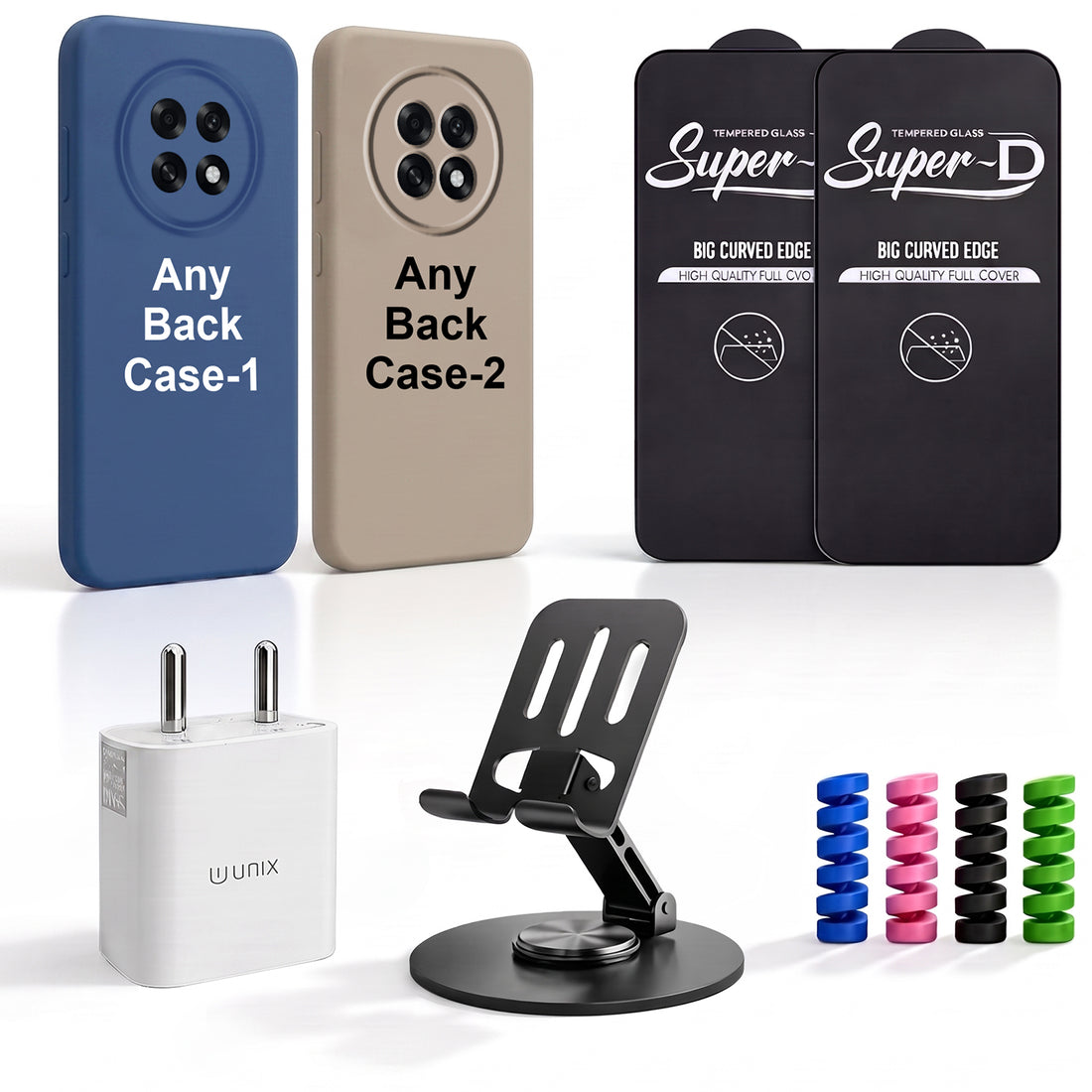 Complete Mobile Care Kit (Get Any 2 Cases+2 Tempered Glass+25W Charger Adapter+Metallic Mobile Stand+Cable Protector)