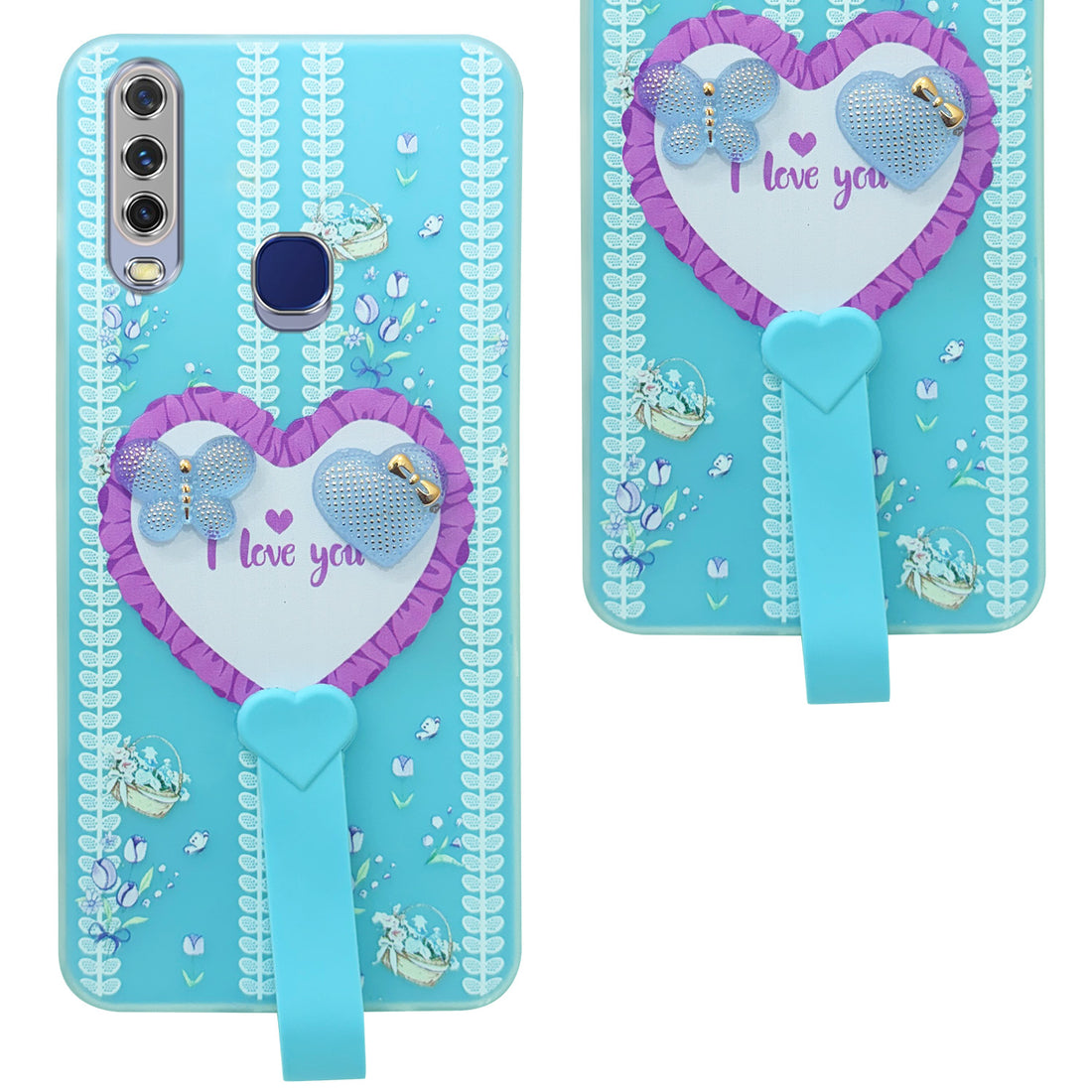 For Vivo Y12 | Y15 | Y17 Back Cover Case (3D Cute Heart Strap Holder | Camera Protection | Designer Girls Print)