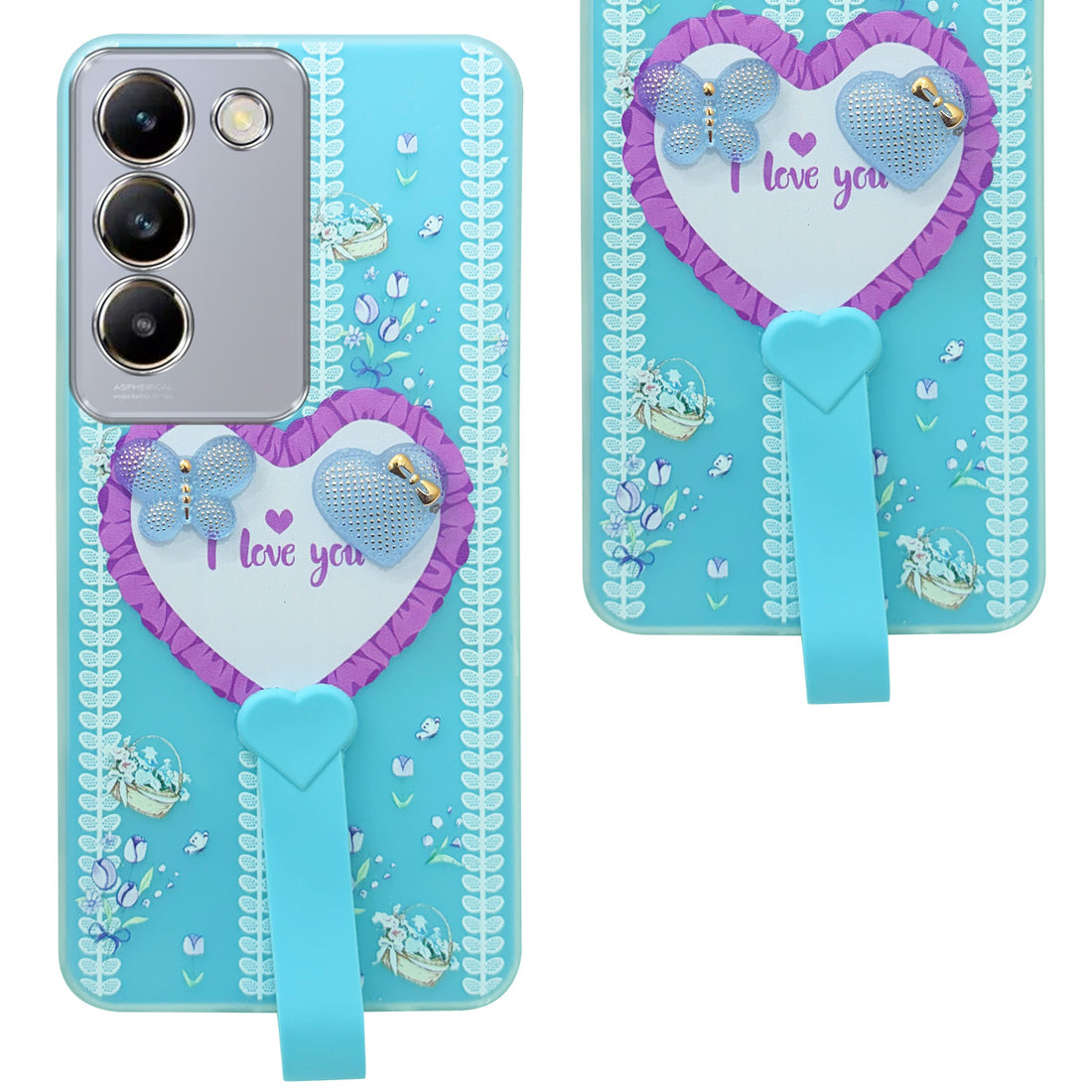 For Vivo T3 5G Back Cover Case (3D Cute Heart Strap Holder | Camera Protection | Designer Girls Print)