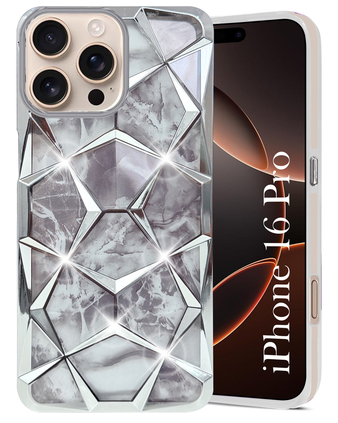 For Apple iPhone 16 Pro Back Cover Case ( Dual Design Glitter Sparkle and Detachable Diamond Print Case | Soft and Flexible)