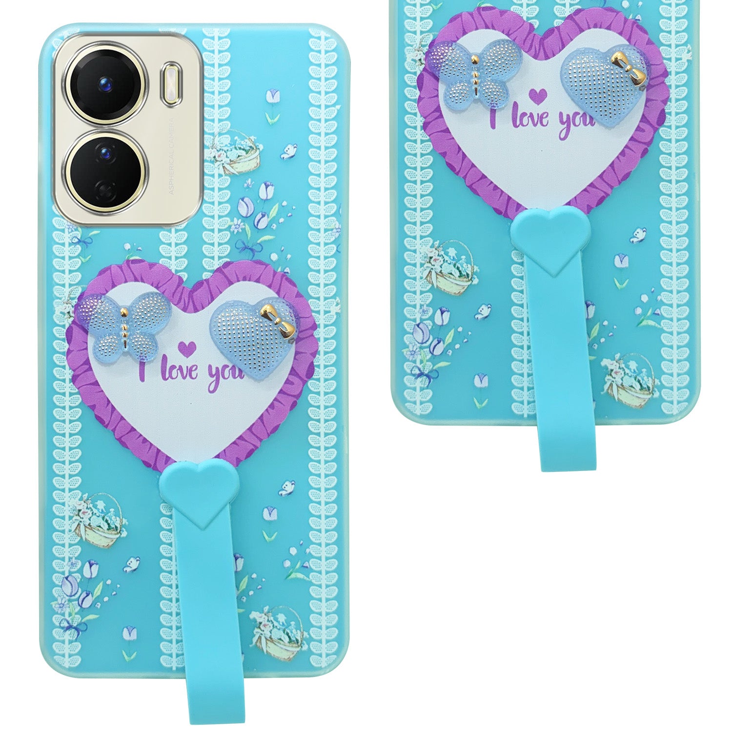 For Vivo Y16 Back Cover Case (3D Cute Heart Strap Holder | Camera Protection | Designer Girls Print)
