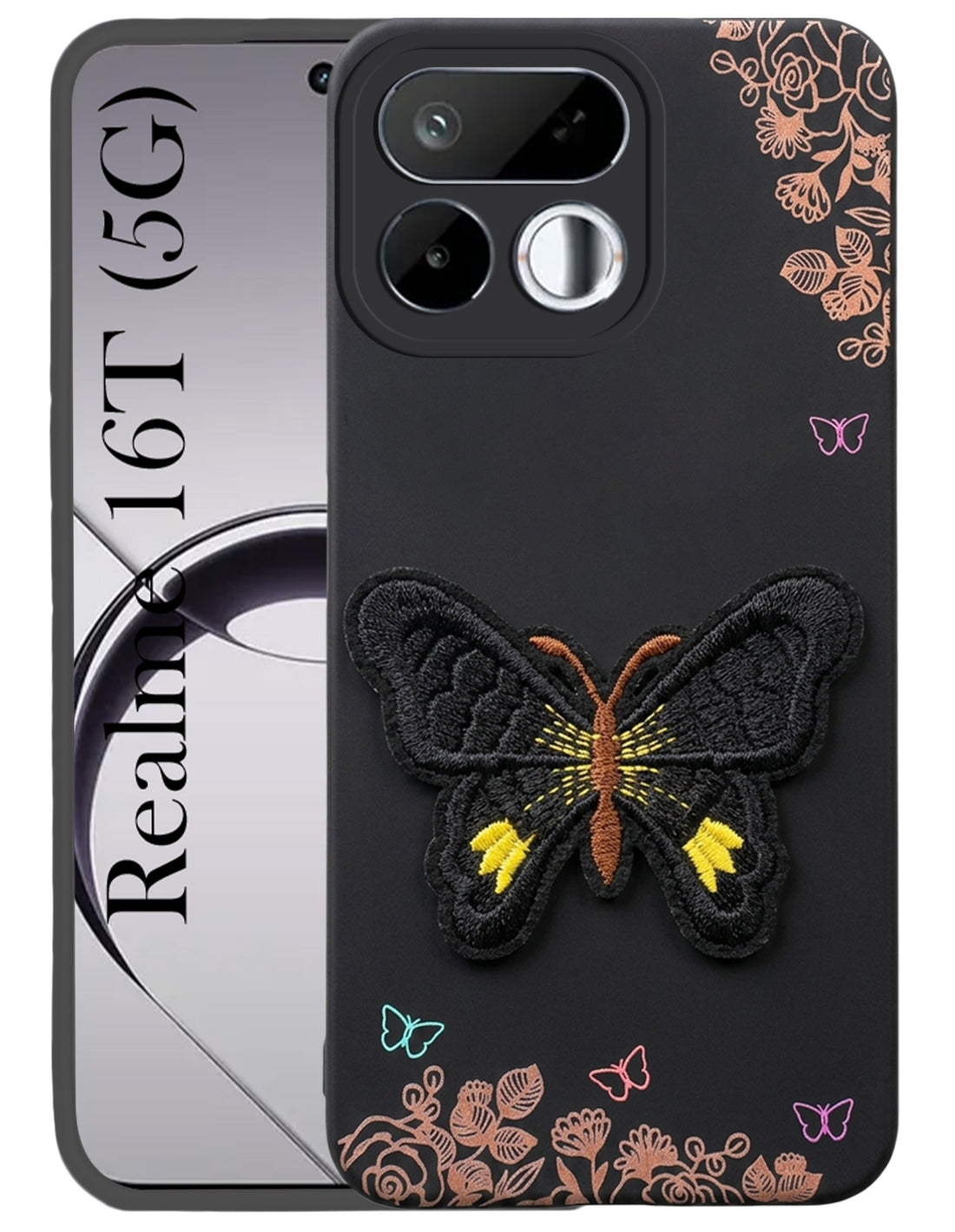 For Realme 16T 5G Back Cover Case (Soft Butterfly Embroidery | Women Teen Girls | Camera Protection| Matte Silicone)