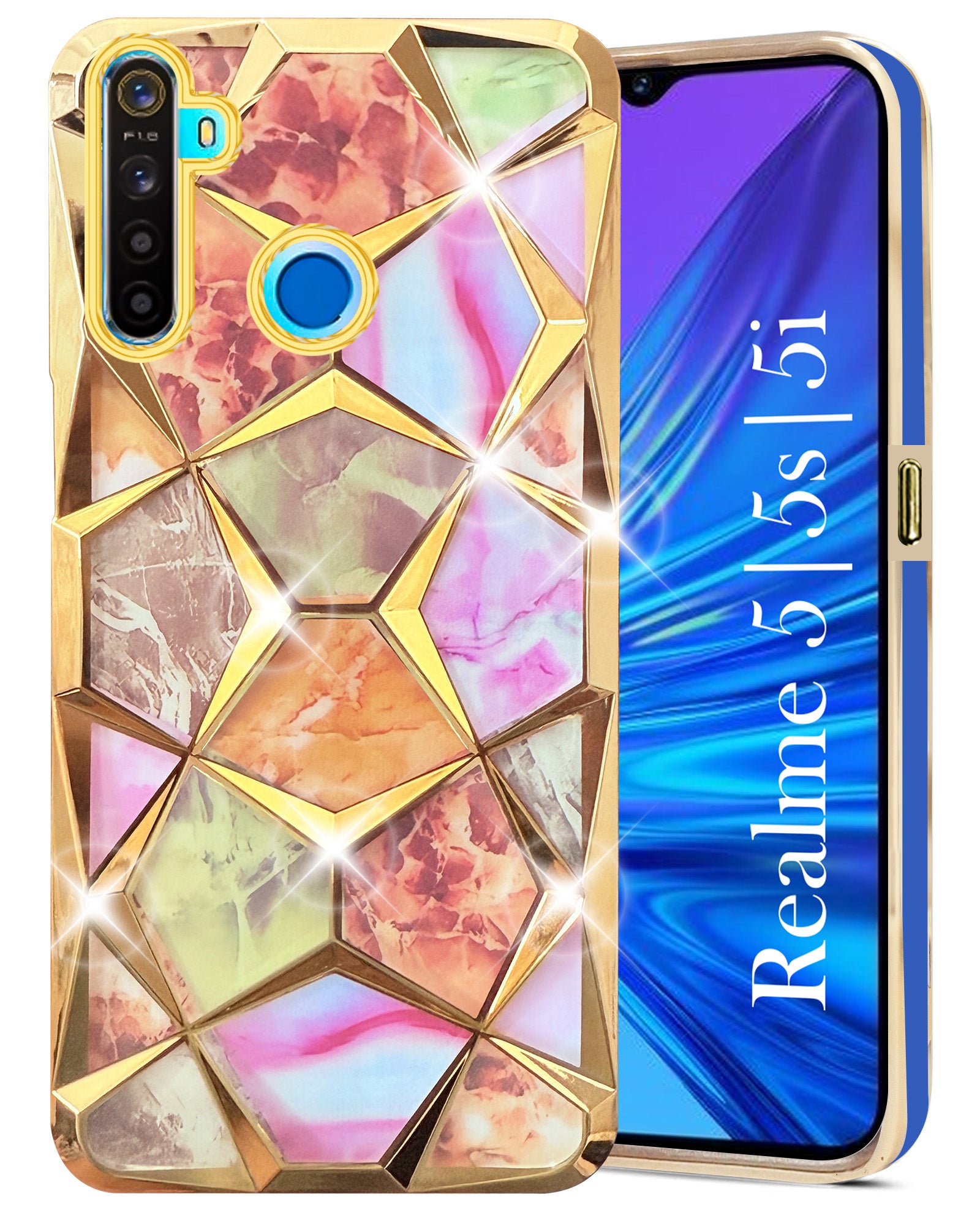 For Realme 5 | 5s | 5i Back Cover Case (Dual Design Glitter Sparkle and Detachable Diamond Print Case | Soft and Flexible)