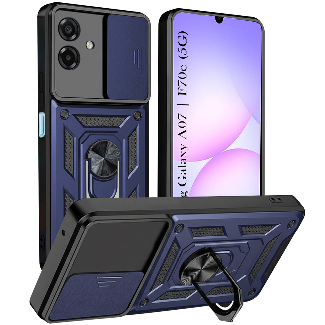 For Samsung Galaxy A07 5G | F70e 5G Back Cover Case Hybrid Armor (Sliding Shutter Camera Protection | Polycarbonate |Ring Holder Kickstand)