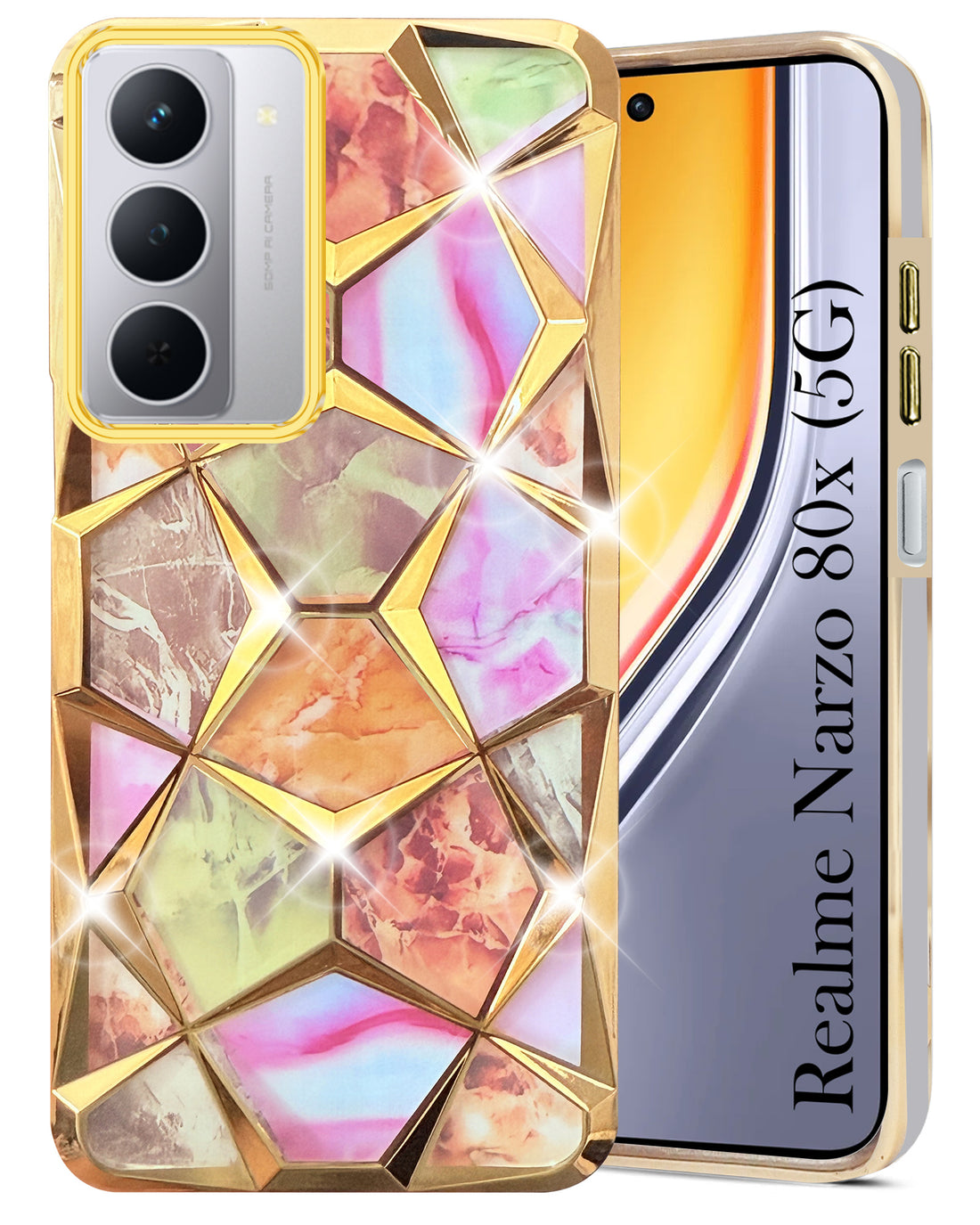 For Realme Narzo 80x Back Cover Case Girls (Dual Design Glitter Sparkle and Detachable Diamond Print Case | Soft and Flexible)
