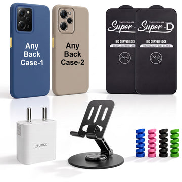 Complete Mobile Care Kit (Get Any 2 Cases+2 Tempered Glass+25W Charger Adapter+Metallic Mobile Stand+Cable Protector)