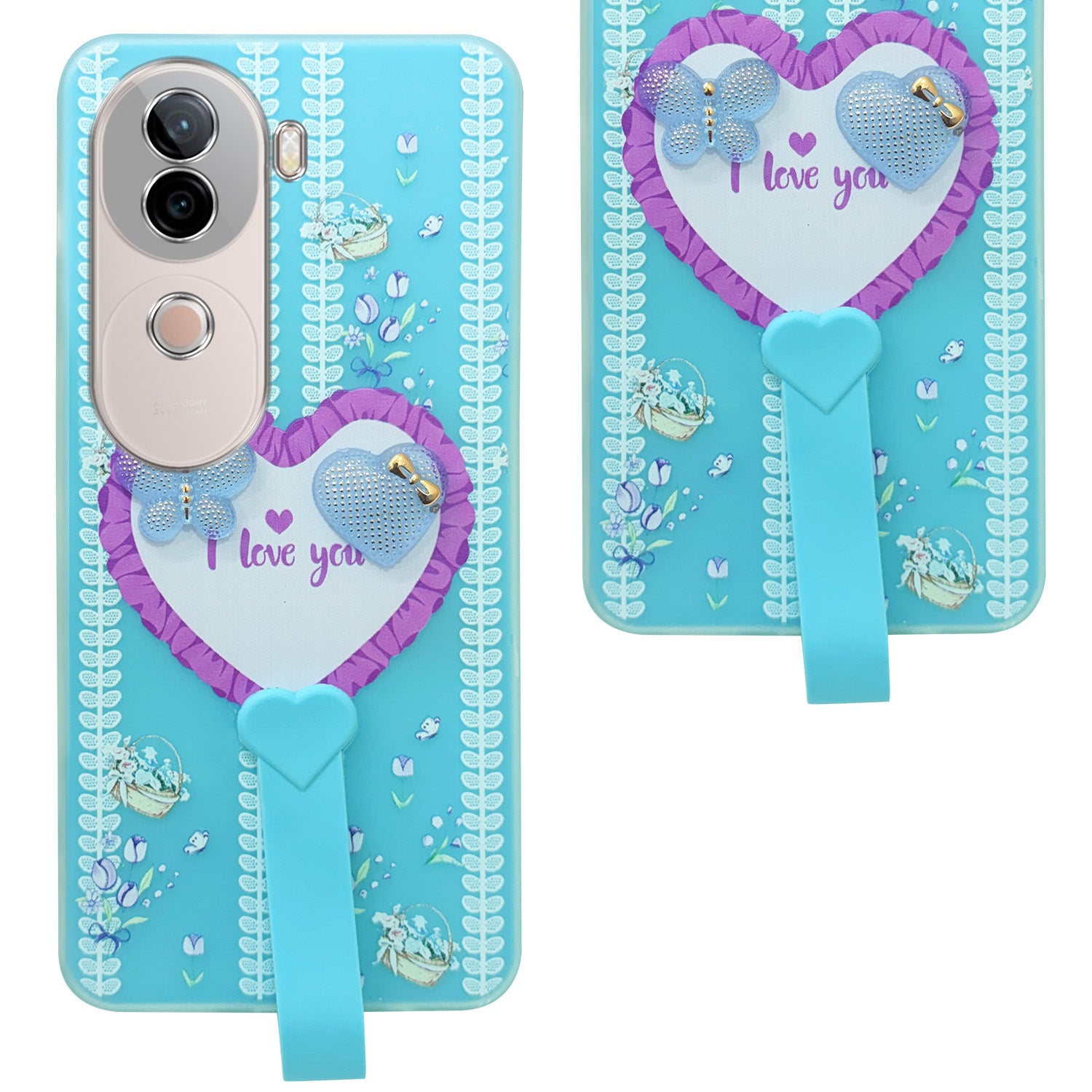 For Vivo V40e Back Cover Case (3D Cute Heart Strap Holder | Camera Protection | Designer Girls Print)