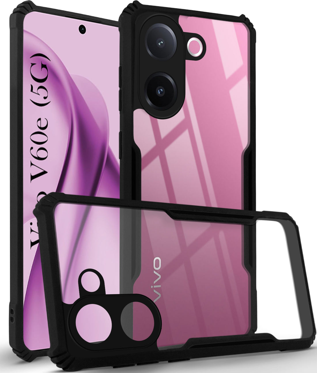 For Vivo V60e Back Cover Case Hybrid (Shockproof with Polycarbonate Clear Panel | Professional Black)