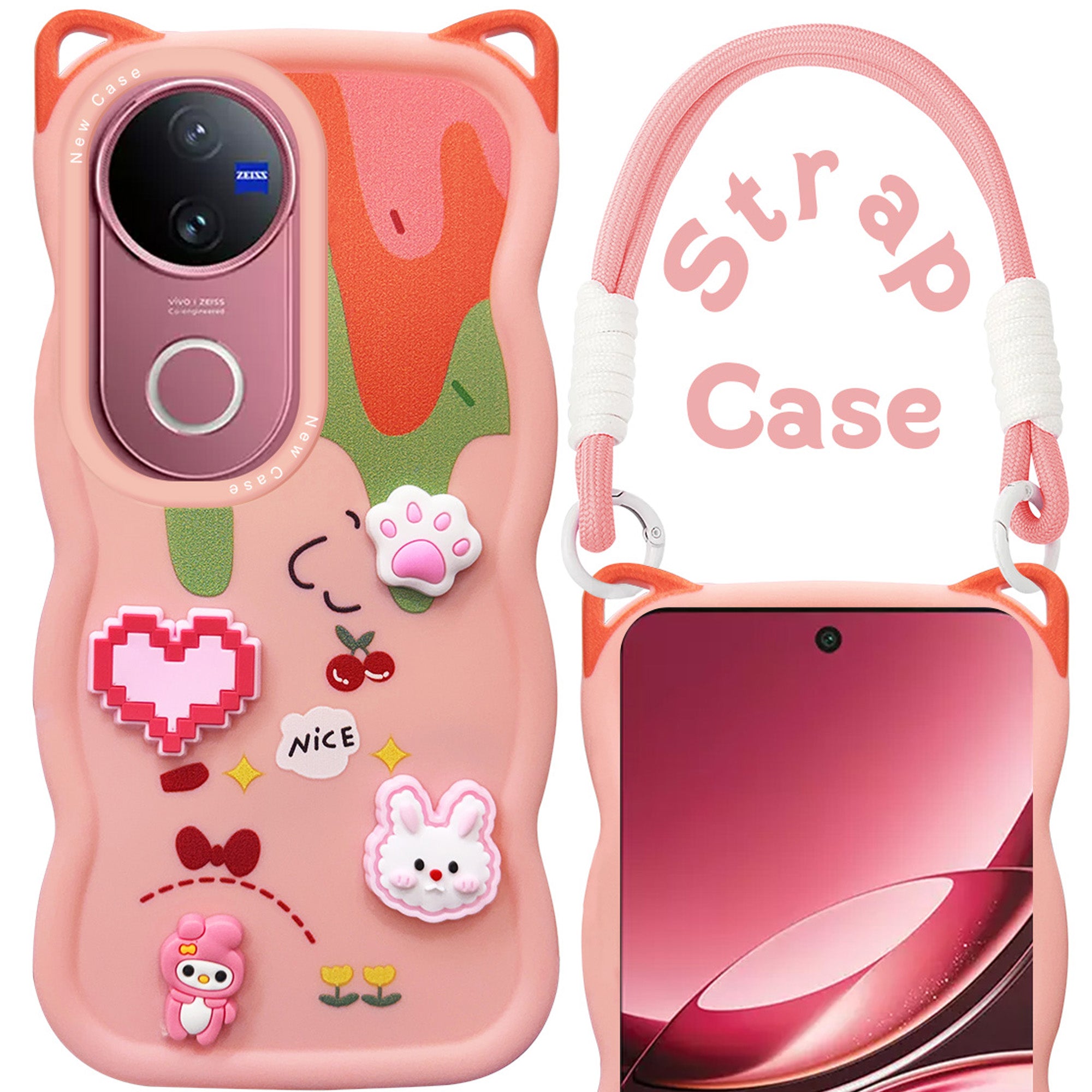 For Vivo V50 | Vivo V50e Back Case Cover Strap(3D embossed Figures | Strap Holder | 360* Soft Cushion with Camera Bump)