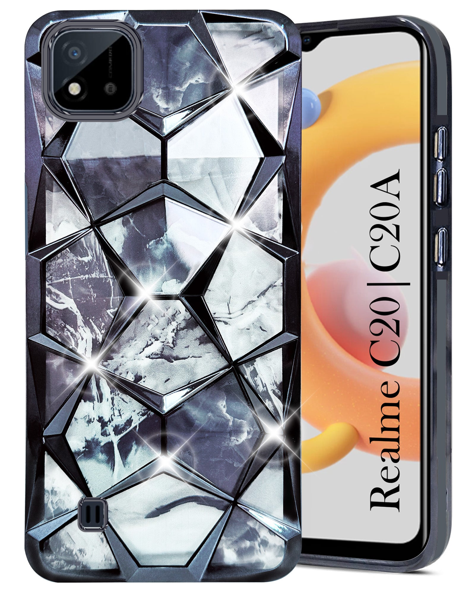 For Realme C20 | Realme C20A Back Cover Case (Dual Design Glitter Sparkle and Detachable Diamond Print Case | Soft and Flexible)