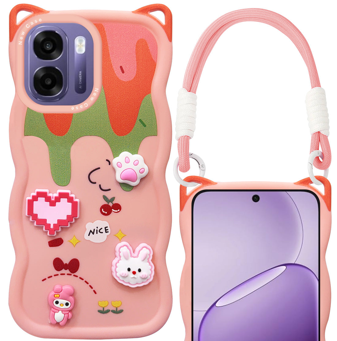 For Oppo K14x 5G Back Case Cover Strap (3D Embossed Figures | Strap Holder | 360* Soft Cushion with Camera Bump)