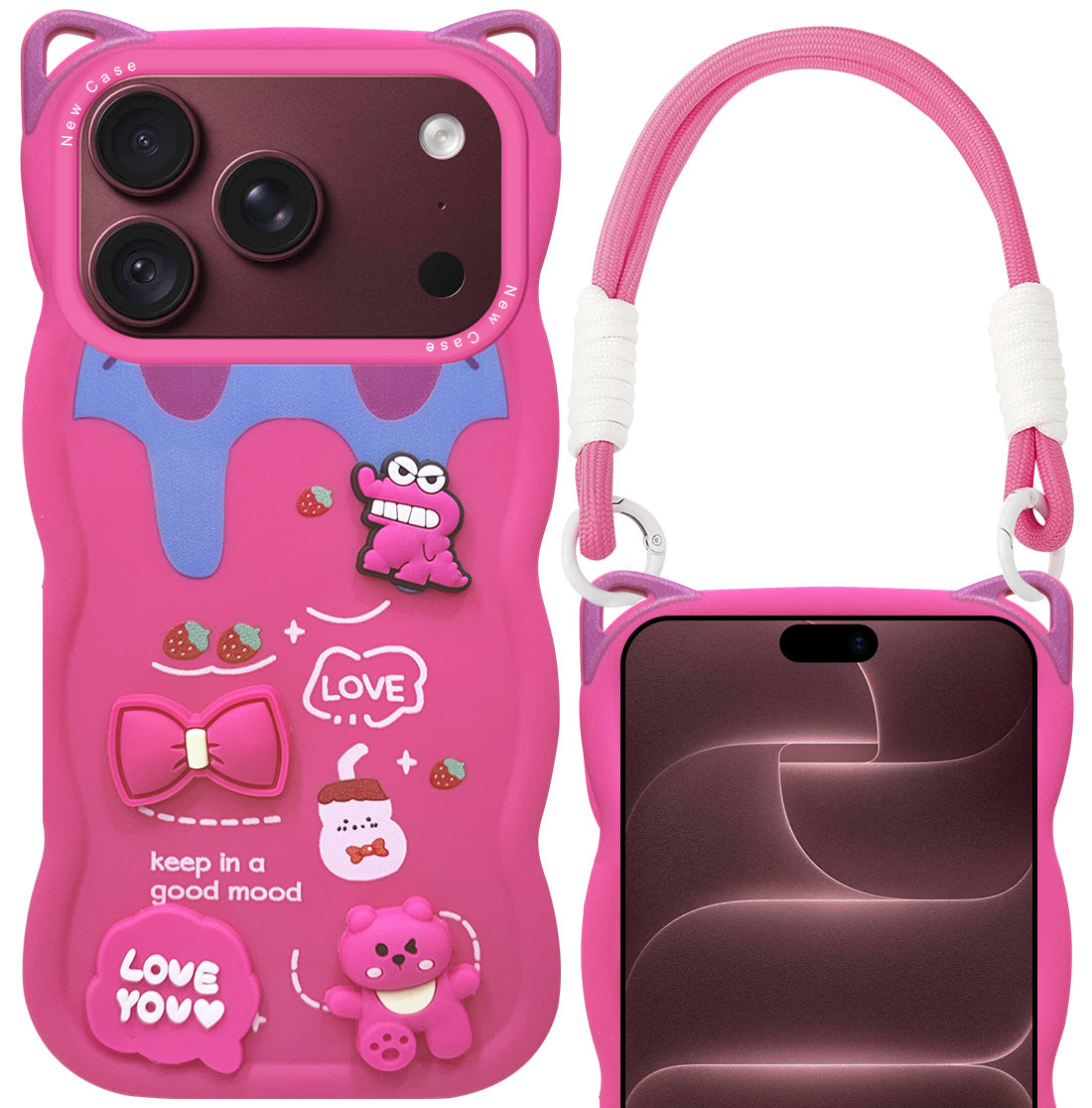 For Apple iPhone 18 Pro Max Back Case Cover Strap (3D Embossed Figures | Strap Holder | 360* Soft Cushion with Camera Bump)