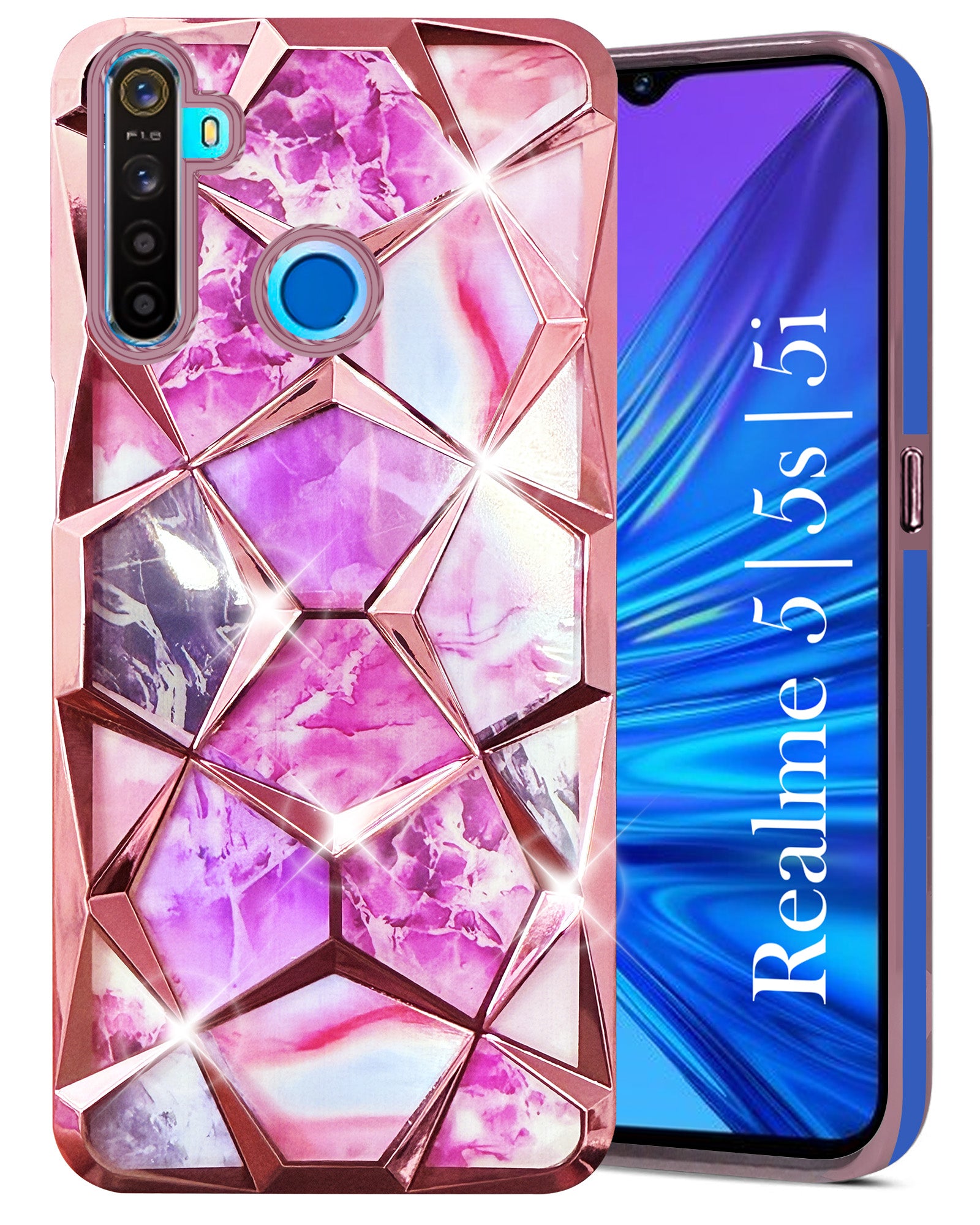 For Realme 5 | 5s | 5i Back Cover Case (Dual Design Glitter Sparkle and Detachable Diamond Print Case | Soft and Flexible)