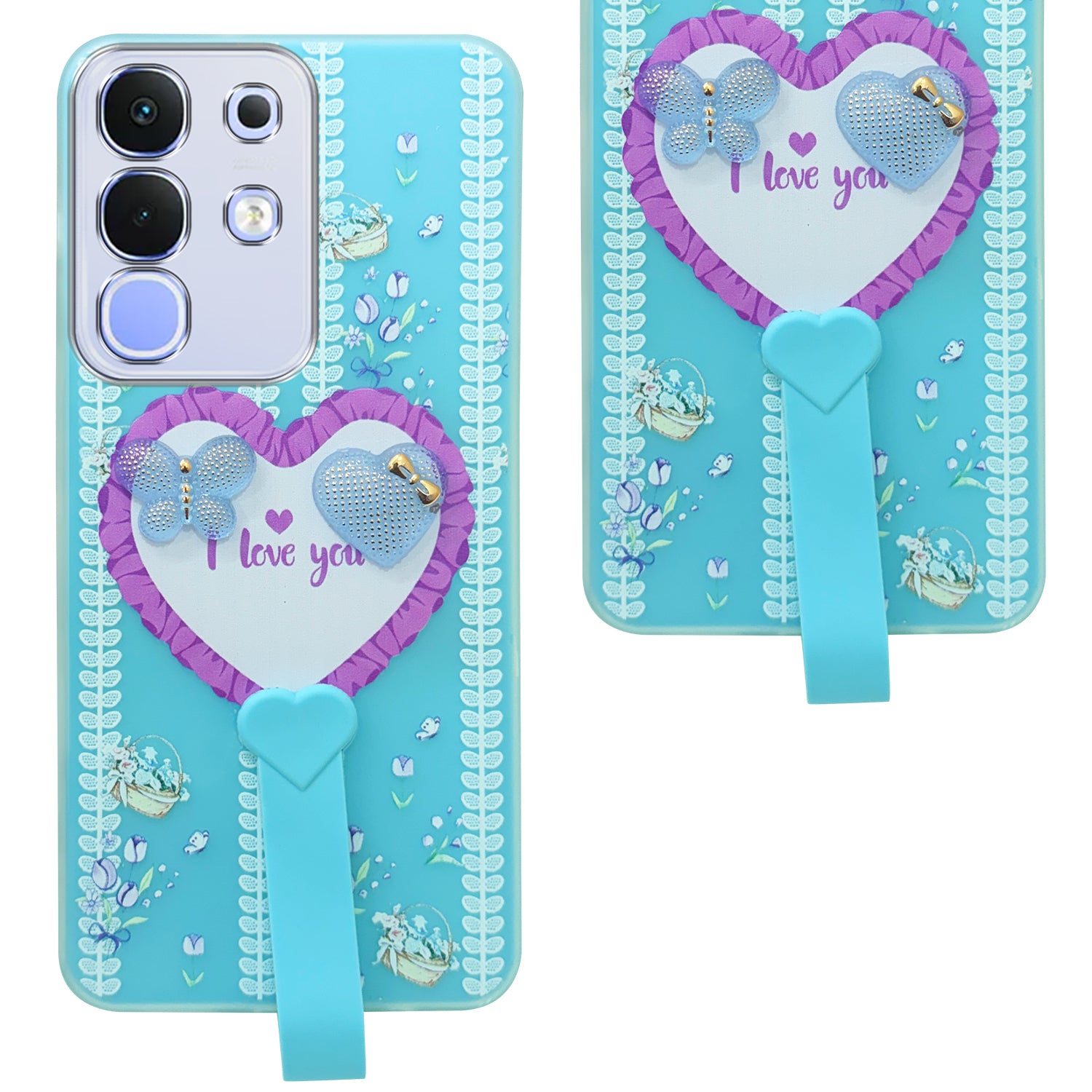 For Vivo iQOO Z10x Back Cover Case (3D Cute Heart Strap Holder | Camera Protection | Designer Girls Print)