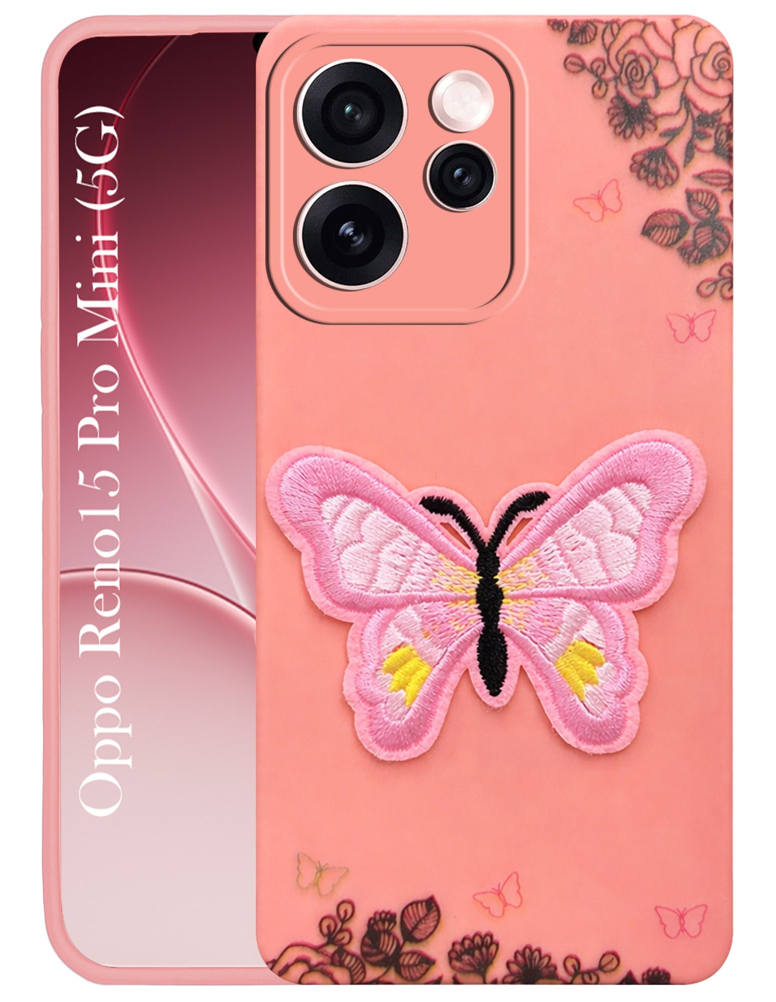 For Oppo Reno15 Pro Mini 5G | Oppo Reno 15 Pro Mini 5G Back Cover Case (Soft Butterfly Embroidery | Women Teen Girls | Camera Protection| Matte Silicone)