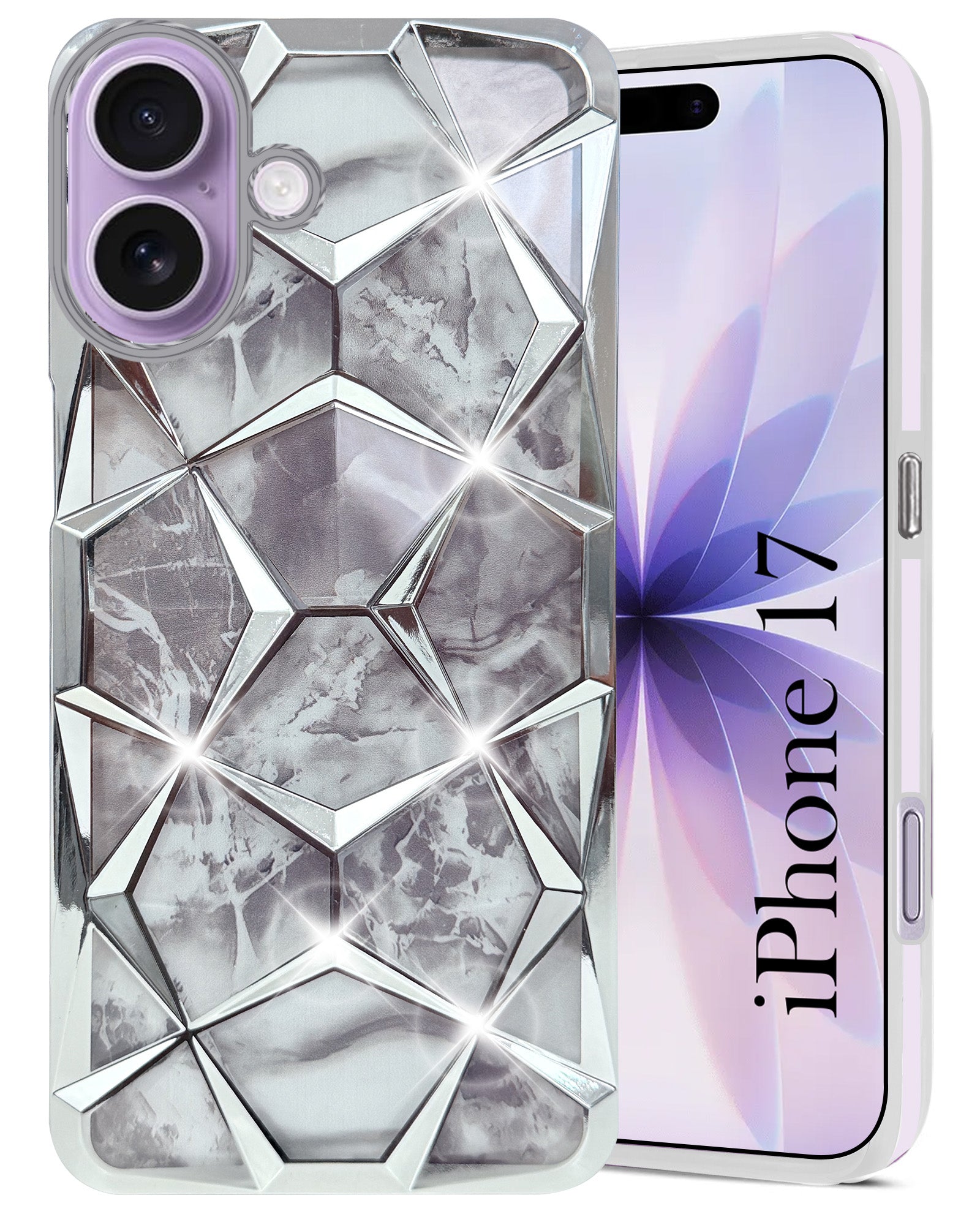 For Apple iPhone 17 Back Cover Case Compatible 3D Silicone (Dual Design Glitter Sparkle and Detachable Diamond Print Case | Soft and Flexible)